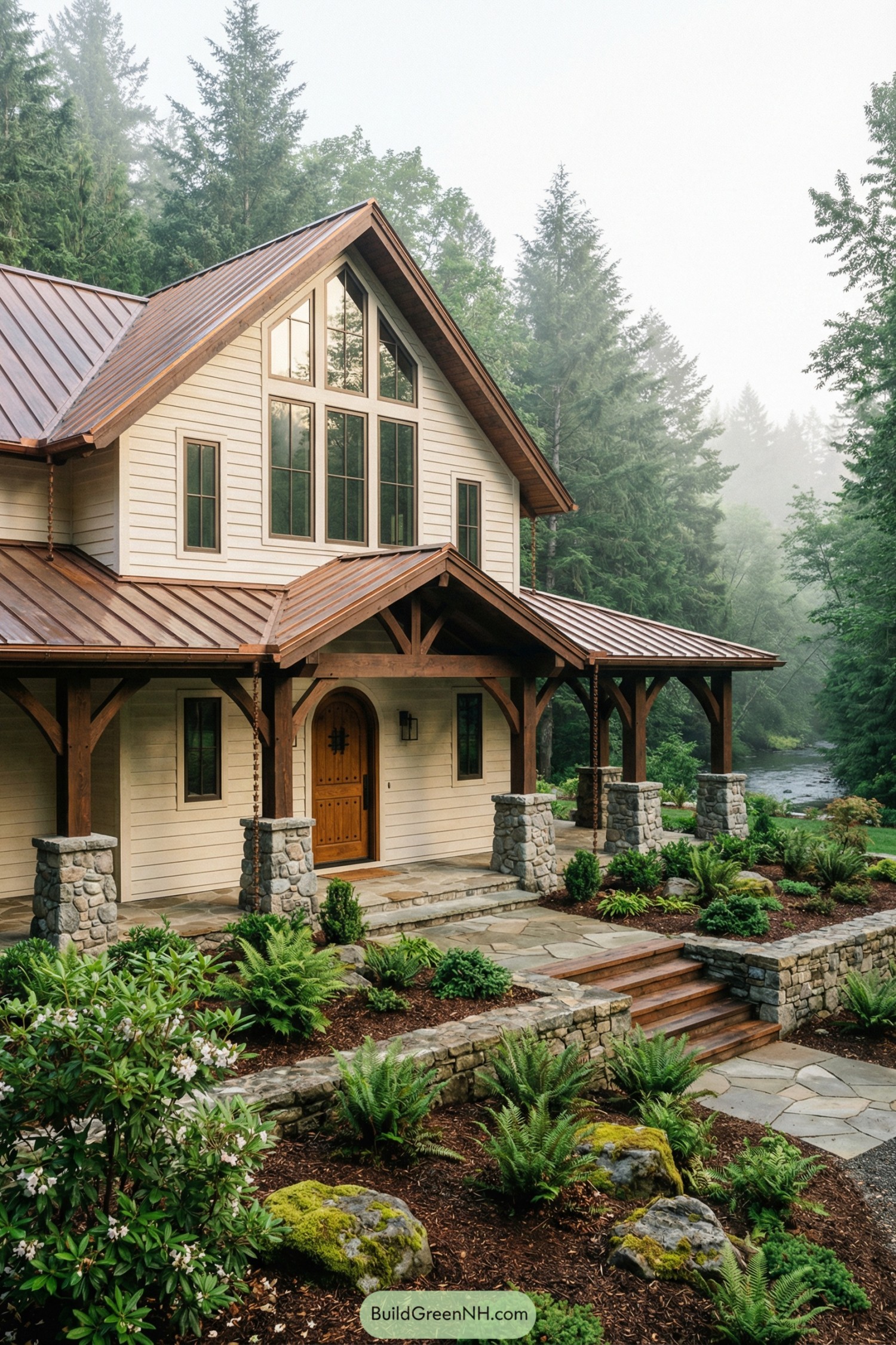 Rustic barndominium with timber porch beside forest creek