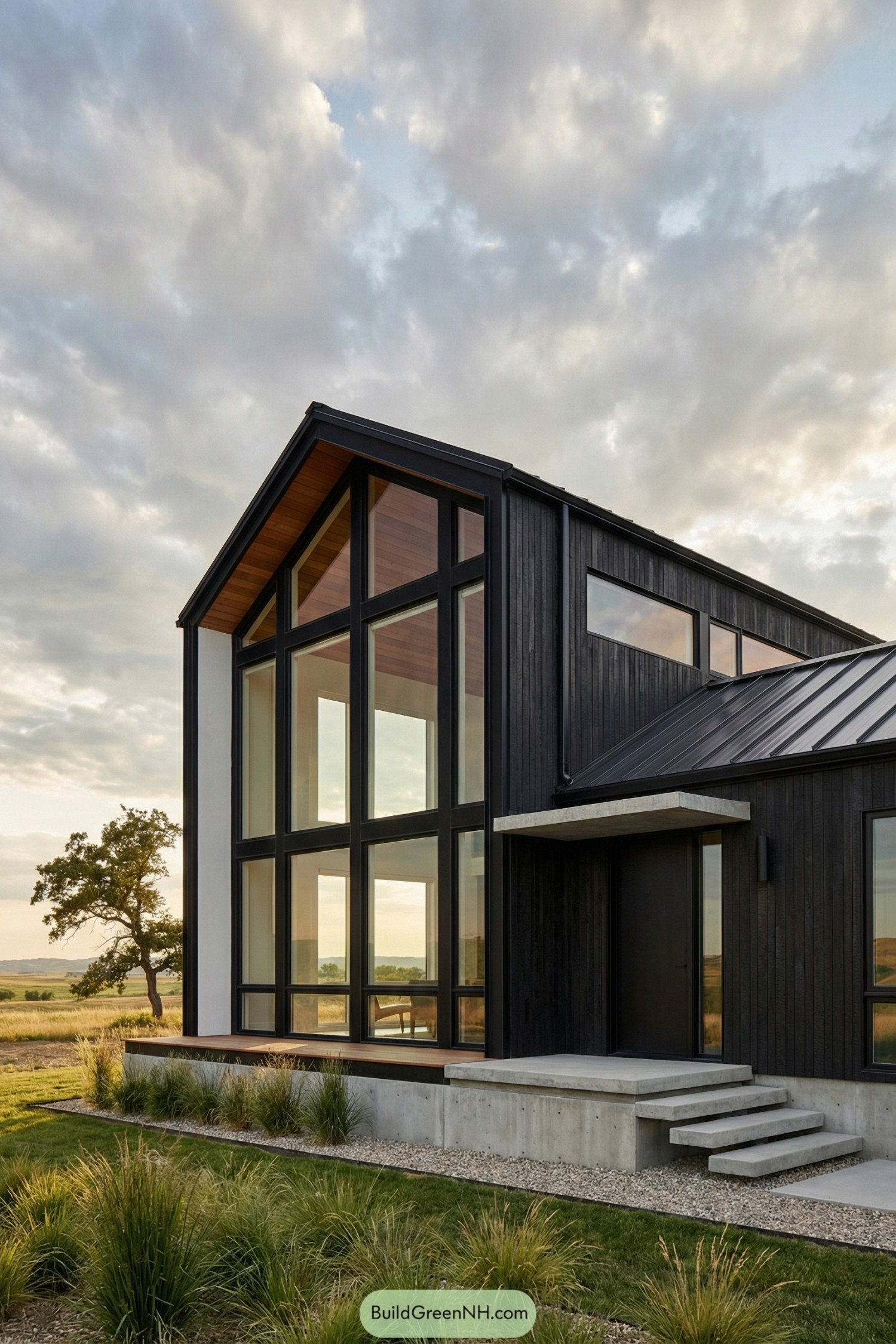 Modern black barndominium with tall glass gable