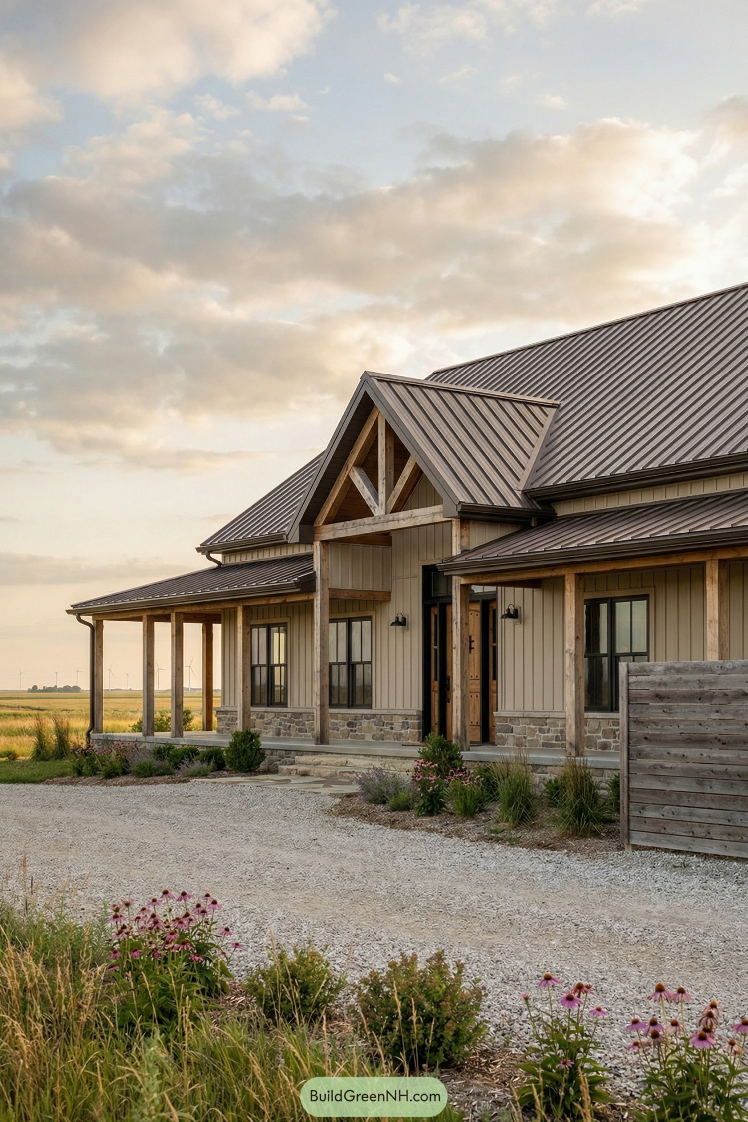 Rustic barndominium with metal roof and timber porch
