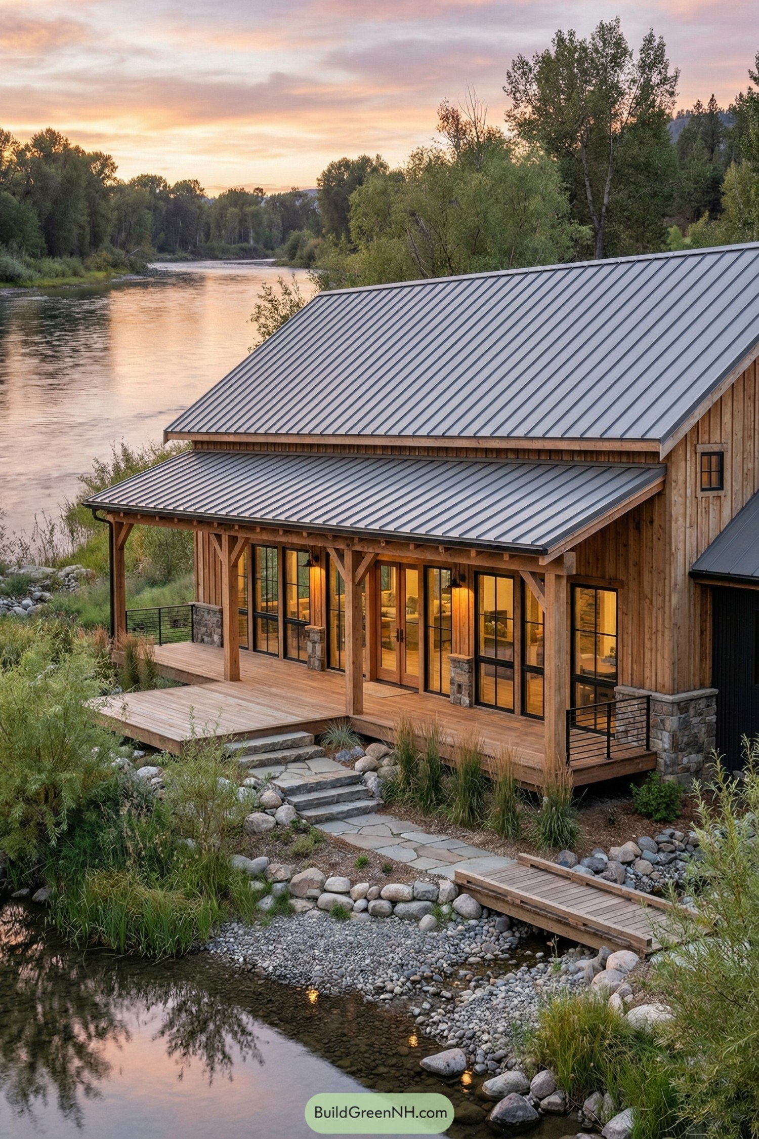 Wood barndominium with metal roof and large riverside deck at sunset