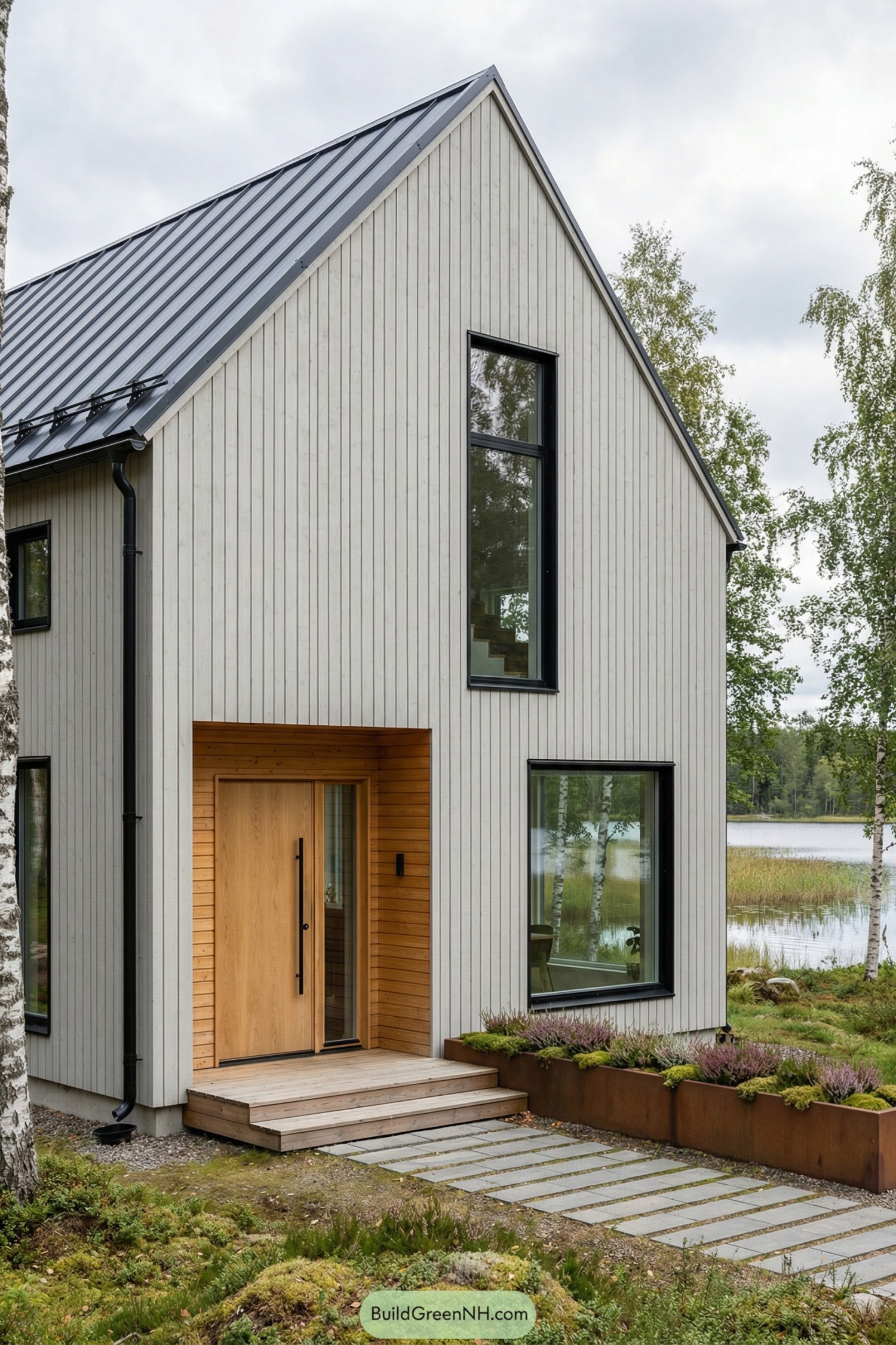 Modern light wood barndominium facing a lakeshore