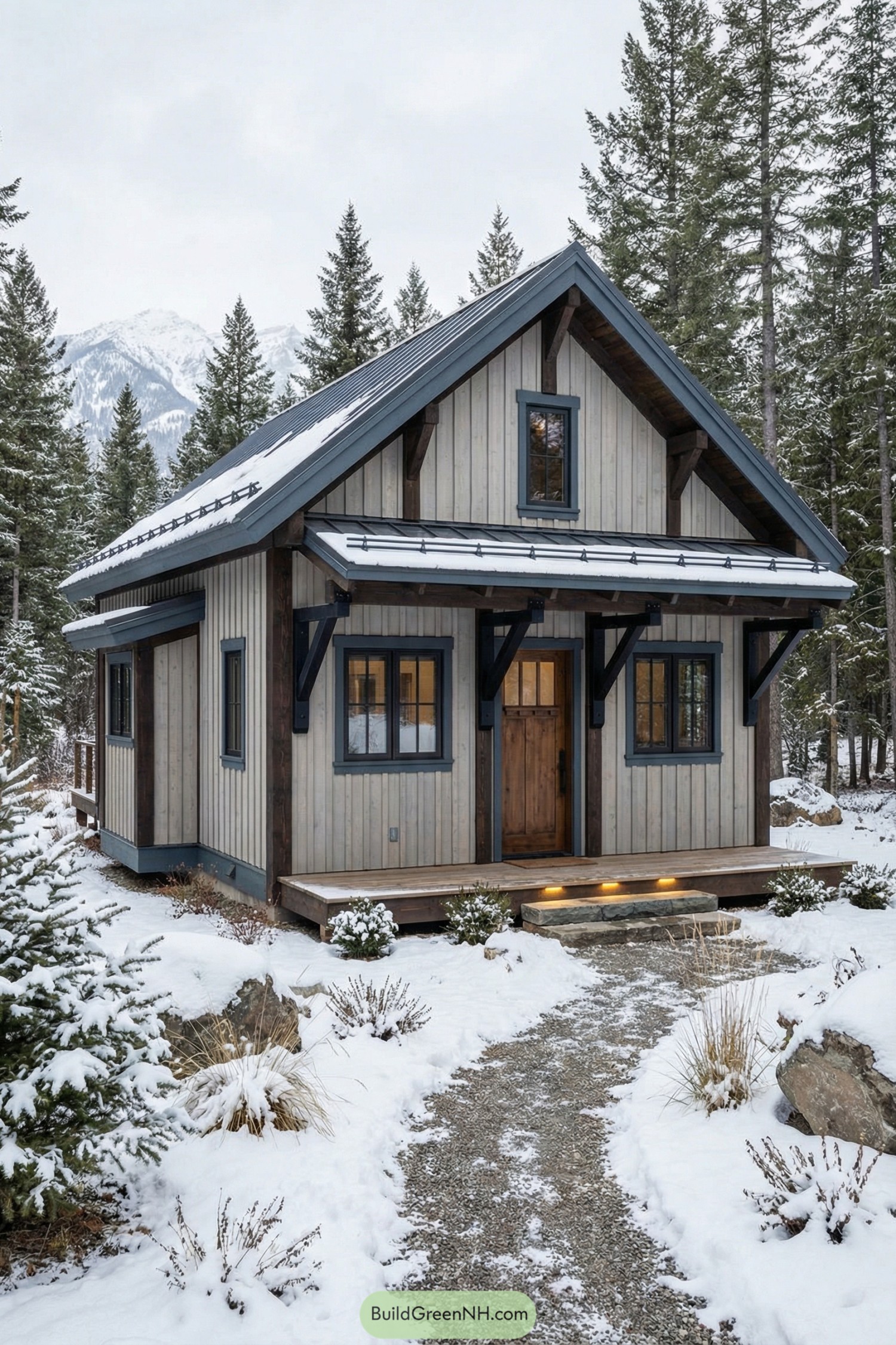 Compact barndominium cabin with steep roof in a snowy forest clearing