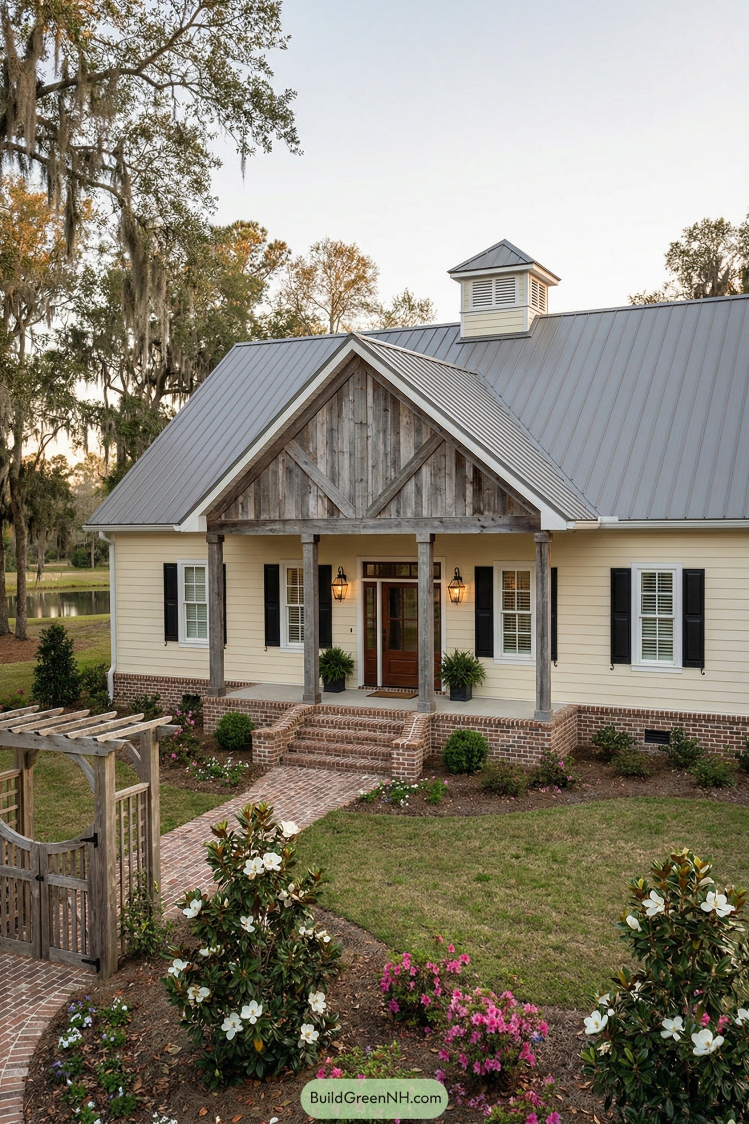 Yellow barndominium with metal roof and rustic wood front porch