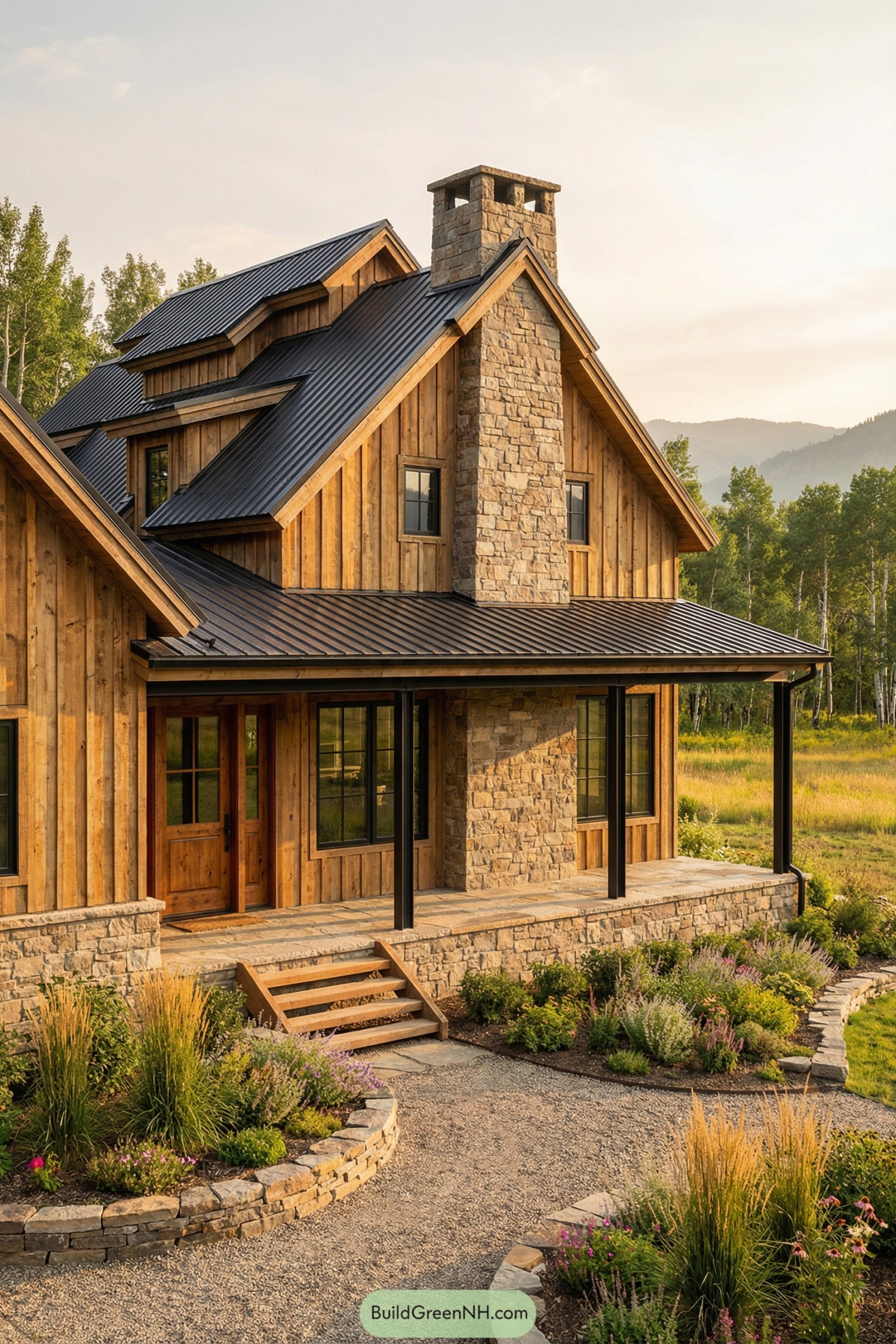 Rustic wood and stone barndominium with metal roof and wraparound porch in a grassy meadow