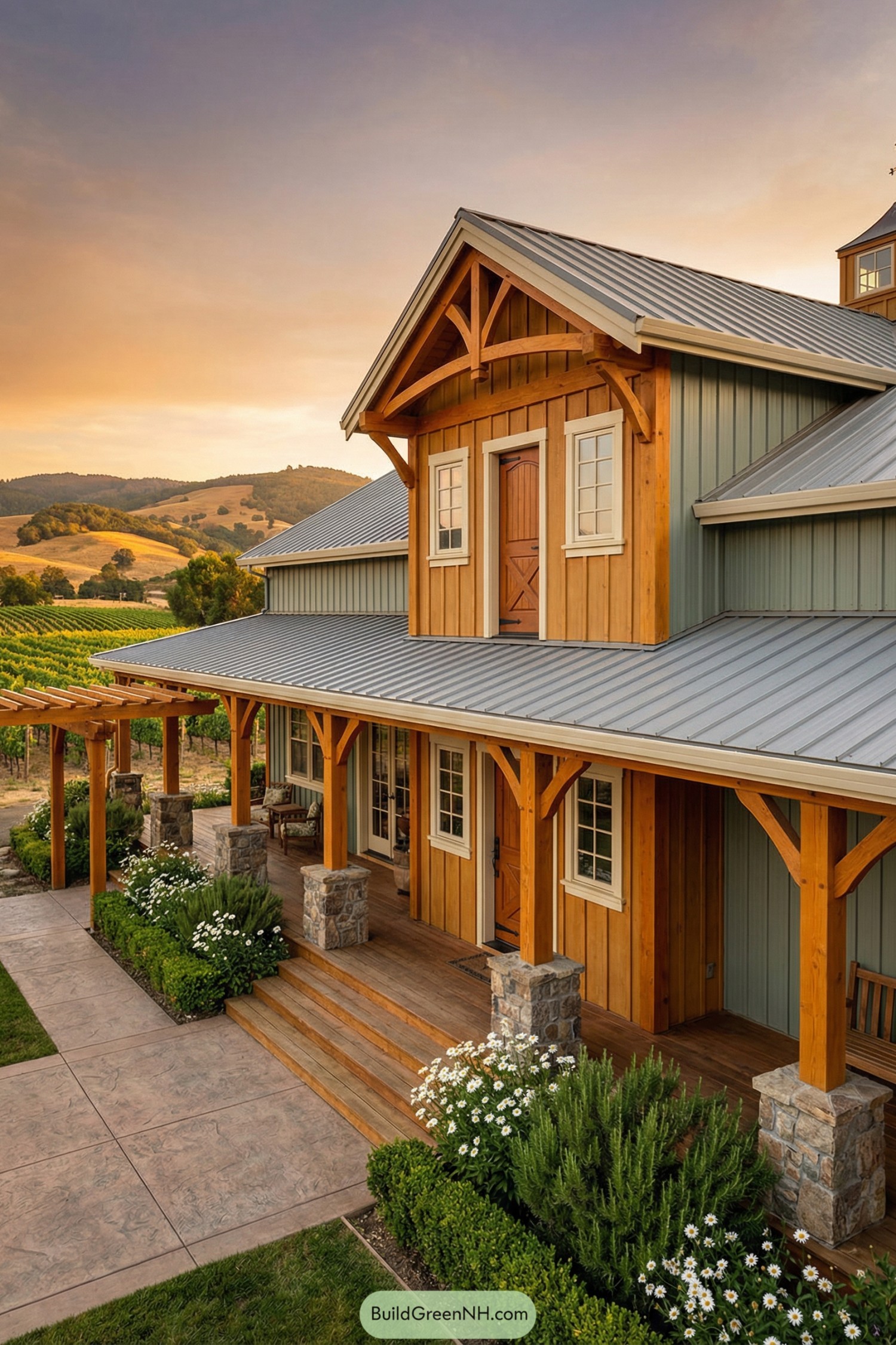 Timber framed barndominium with metal roof overlooking vineyards at sunset