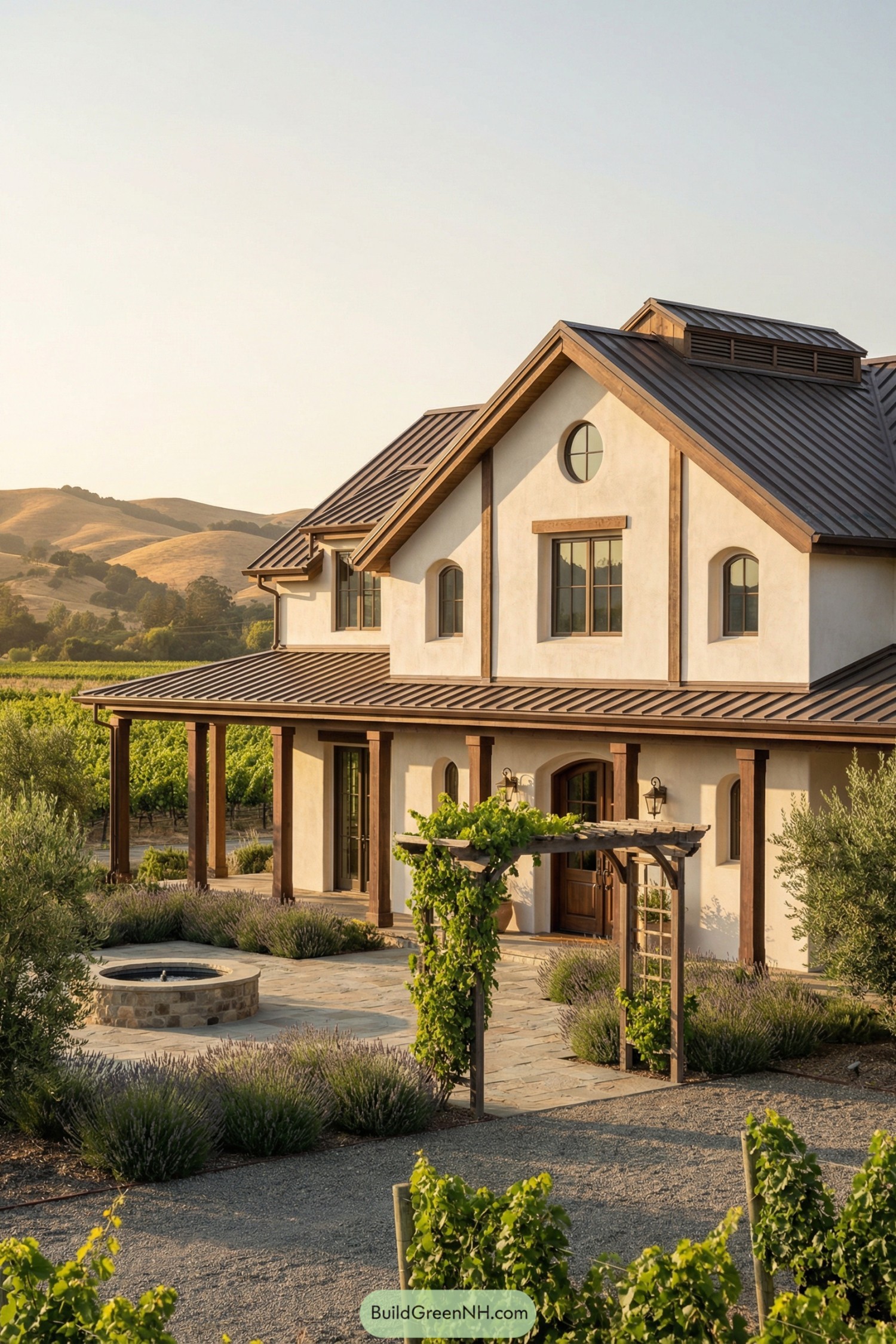 Two story stucco barndominium with metal roof, wraparound porch, and vine covered arbor set beside vineyards and low rolling hills