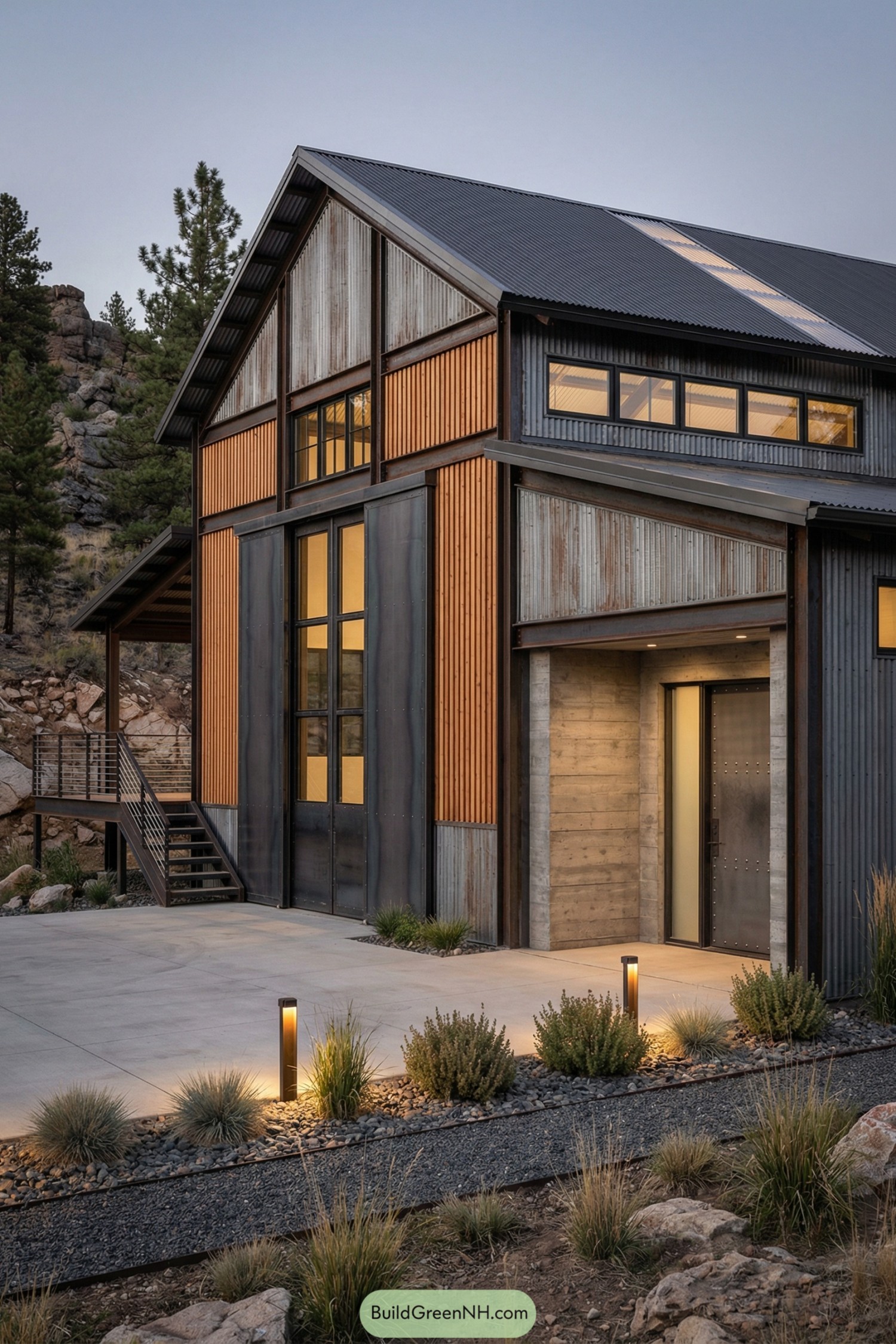 High-res photo of rustic barndominium with an industrial-rustic barn facade showcasing exposed steel portal frames, tall sliding-panel sections, and a sheltered entry bay; colors in weathered iron gray, warm cedar infill, and concrete tones; tall rectangular volume with a single broad gable and a lean-to side canopy; exterior materials of corrugated steel, cedar slats, and board-formed concrete; roof in dark corrugated metal with translucent skylight strips; large black-framed windows including a high clerestory band and wide fixed panes; entry door in steel with a frosted glass sidelight and riveted detailing; outdoor structures include a concrete apron, steel stair to a raised deck, and a gravel strip with bollard lighting; landscaping of hardy grasses, basalt gravel, and minimal shrub clusters; surrounding environment of a rocky foothill with sparse pines and exposed stone; twilight setting with balanced ambient light, single real-life photo, high-resolution, architectural photography, soft lighting, cinematic composition, strictly no collages.