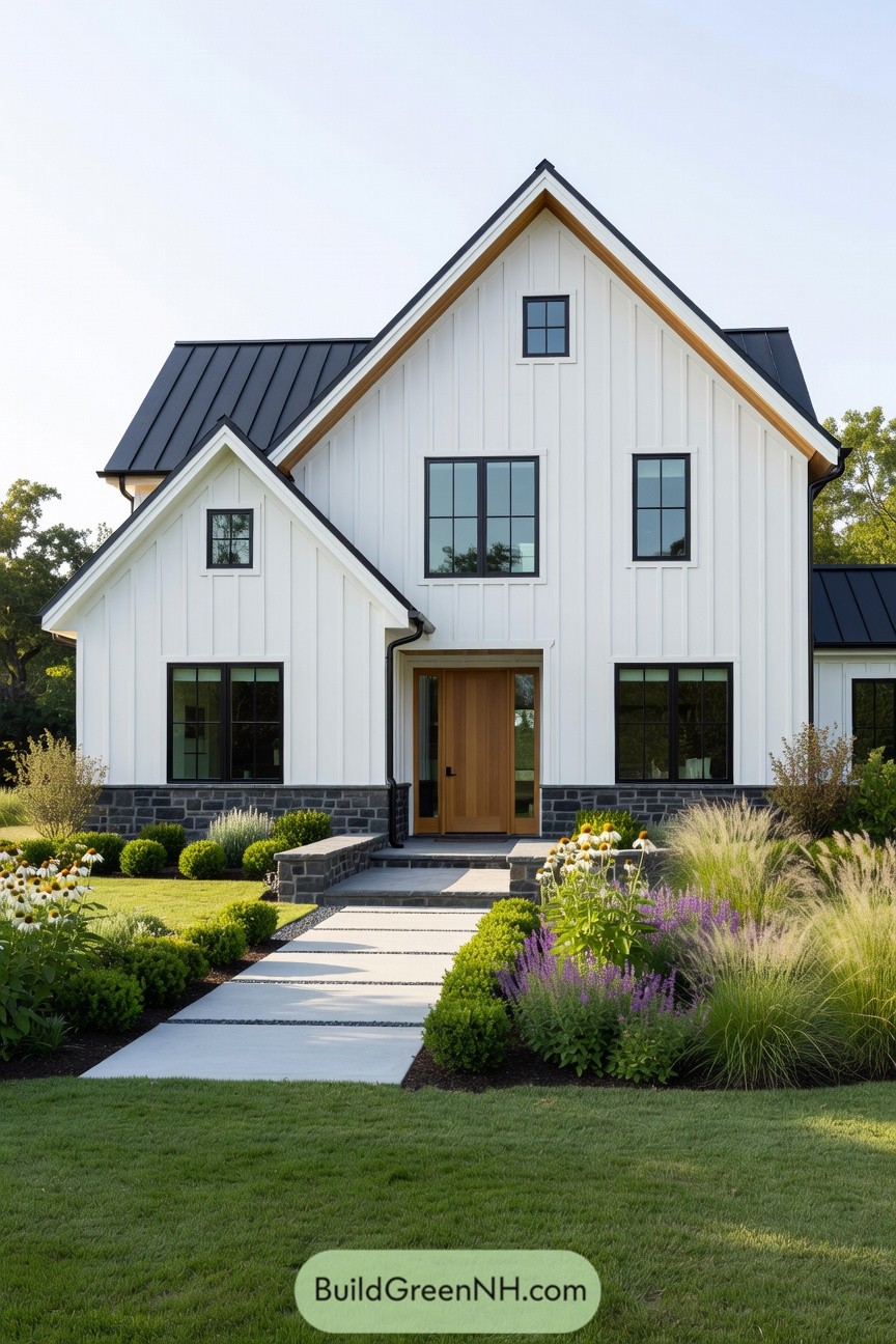 Modern white farmhouse with black metal roof, stone base, wood front door, and lush front garden