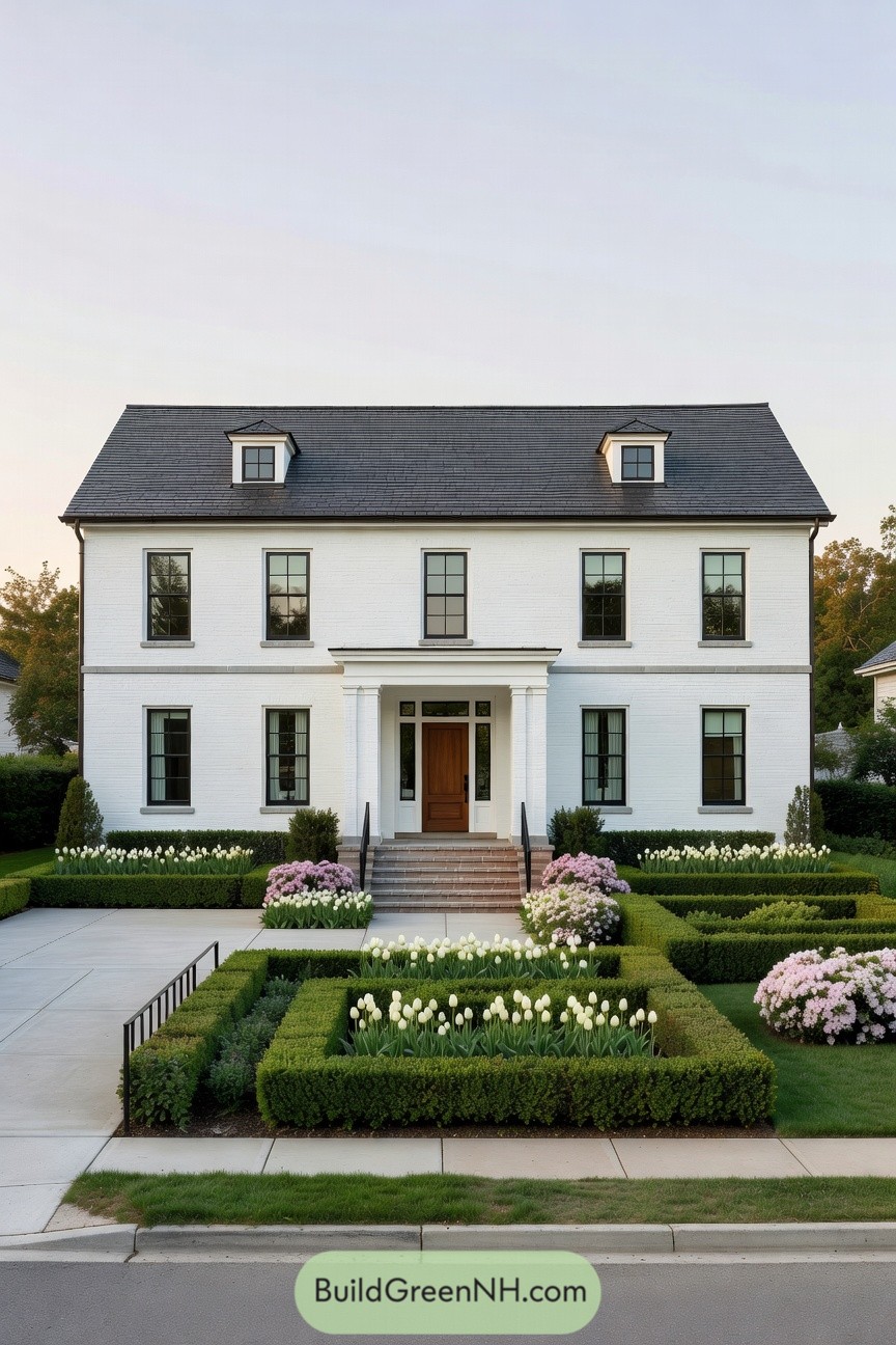 White brick two story house with formal boxwood gardens and tulip beds in front