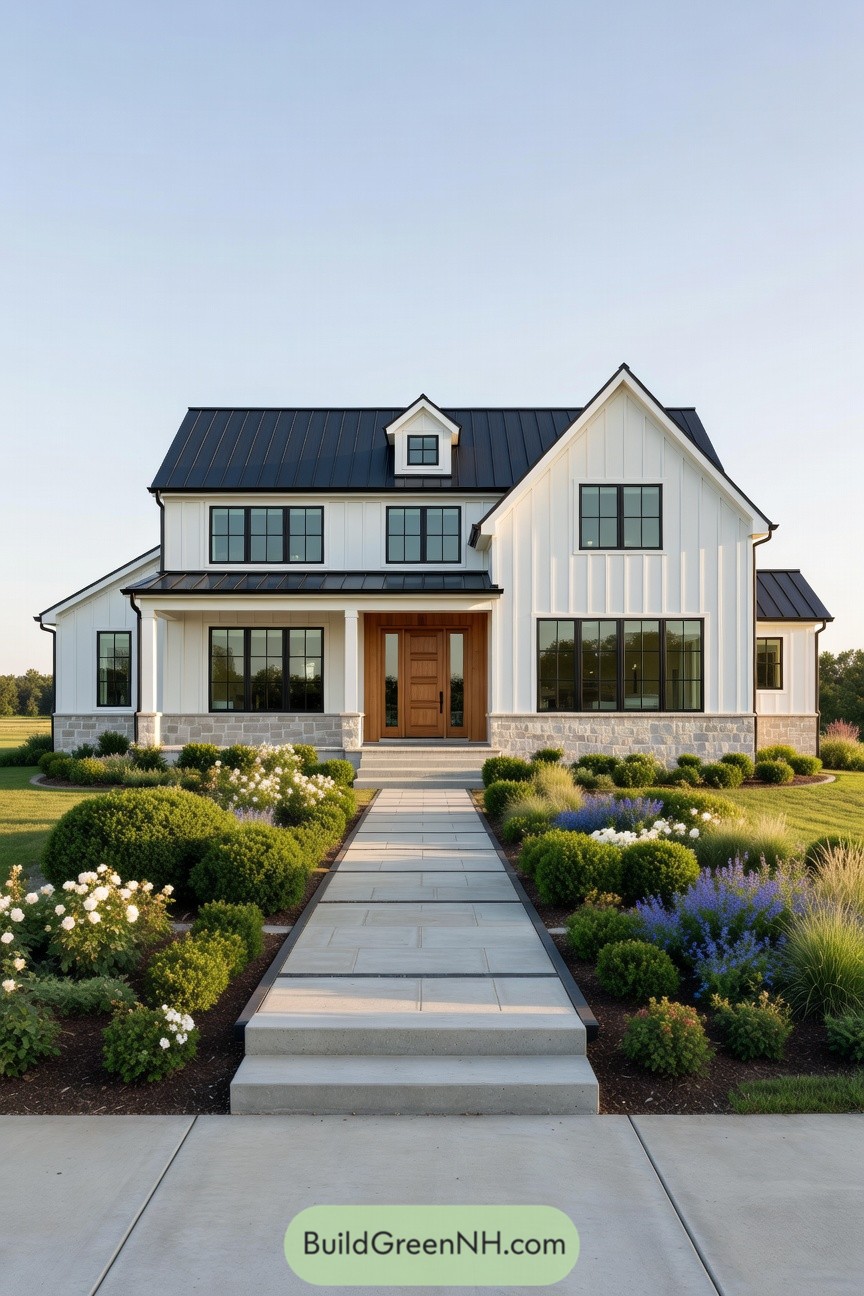 White modern farmhouse with black roof and landscaped front walkway