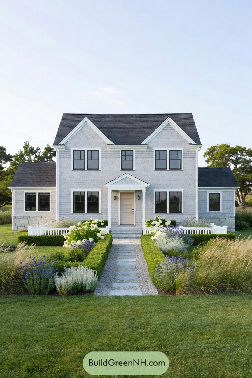 Light gray shingle house with dark roof, central path, and lush manicured front garden