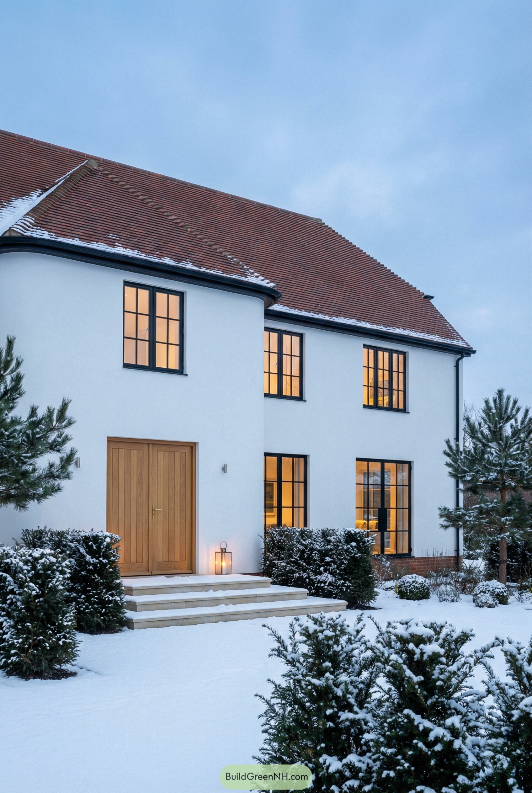 White two story country house with red roof and black framed windows in a snowy garden