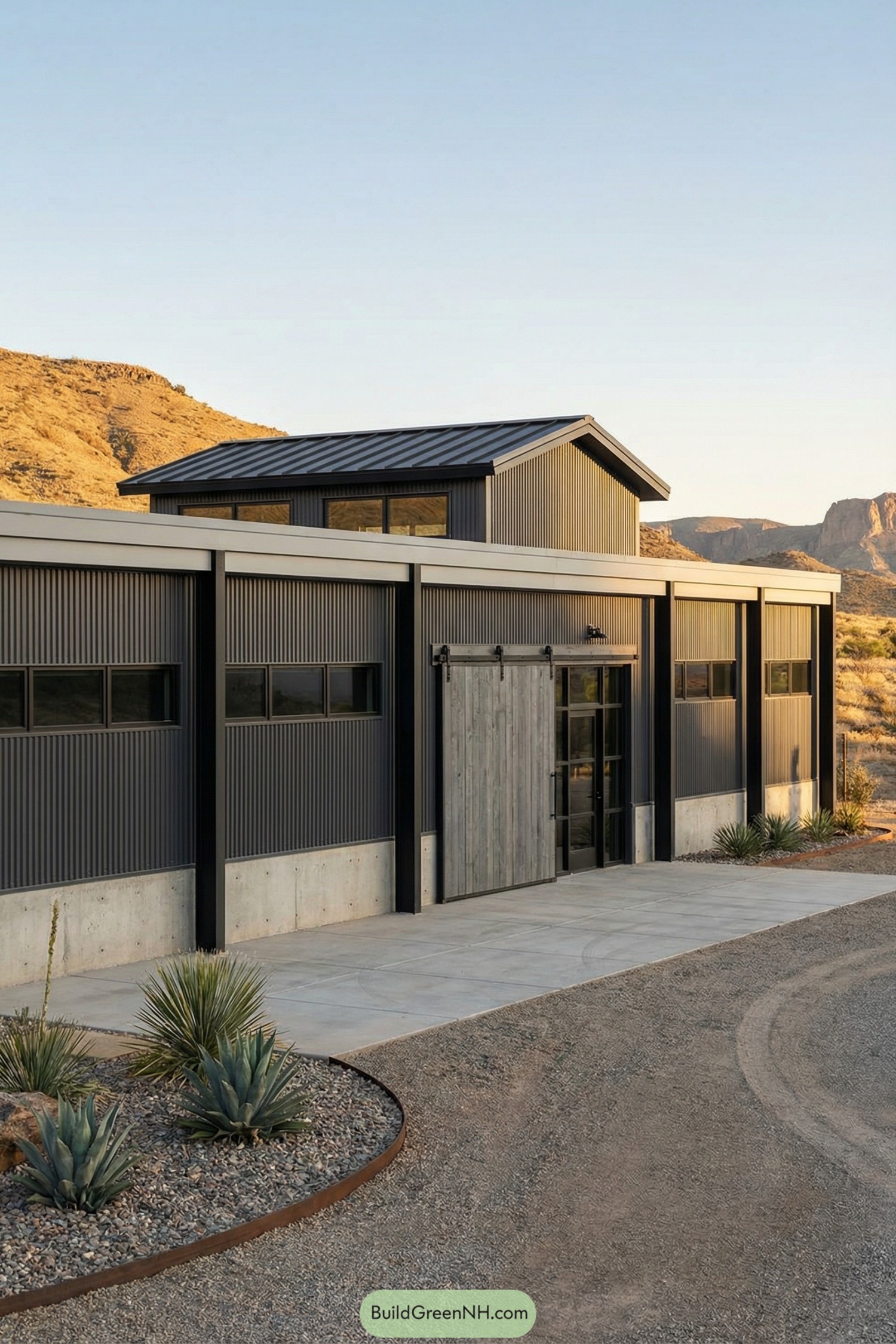 Modern grey barndominium with tall clerestory roof in a desert landscape