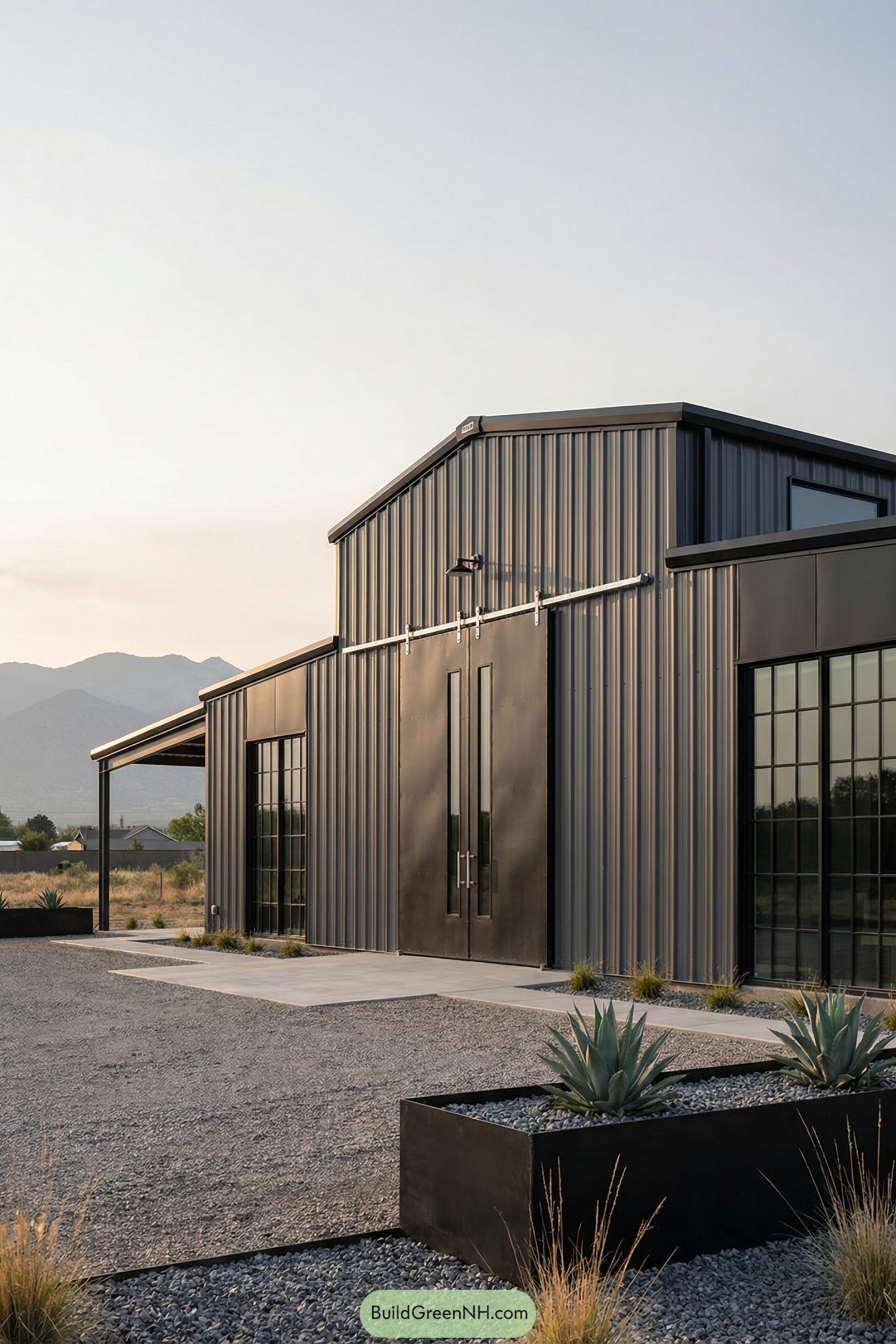 Dark metal barndominium with tall barn doors and modern windows