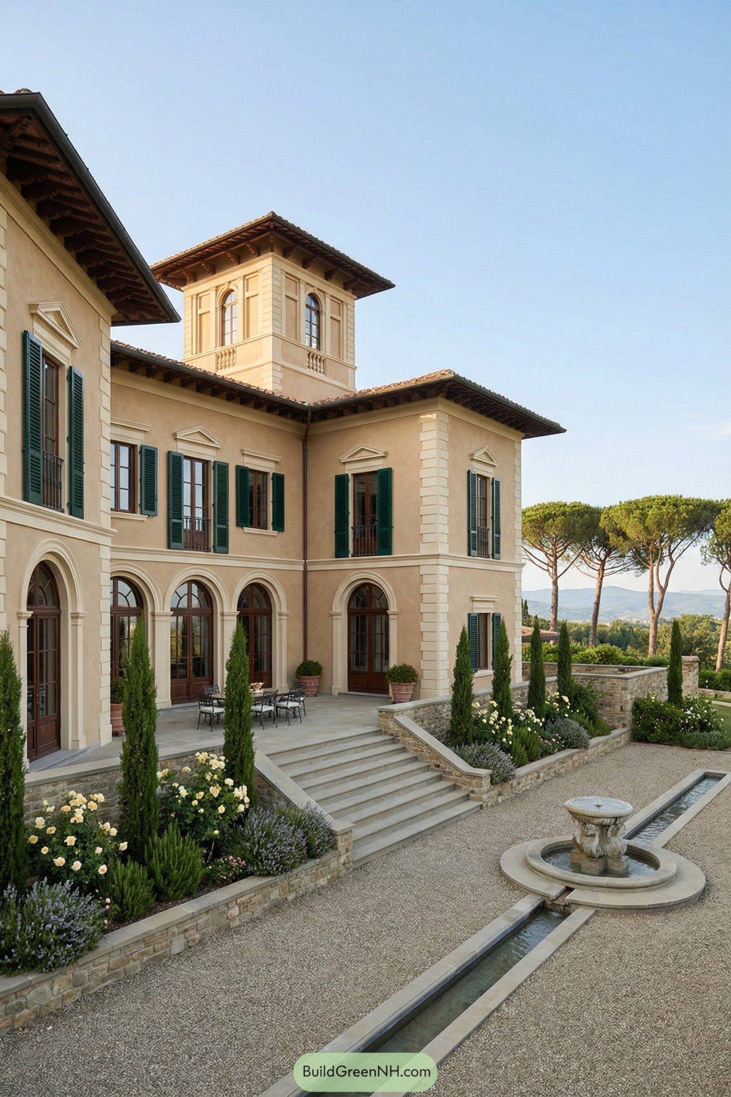 Elegant Tuscan-style villa with tower, terraces, and linear courtyard fountain
