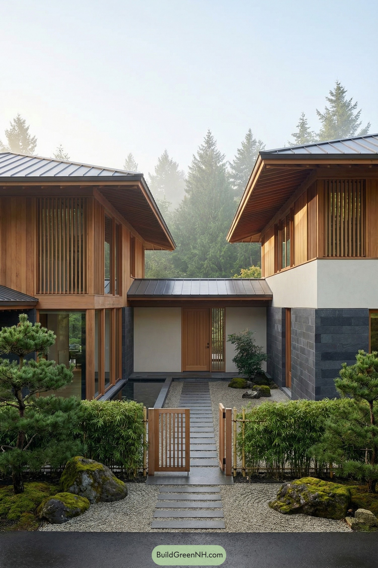 Modern Japanese inspired courtyard home with wood, stone, and minimalist garden
