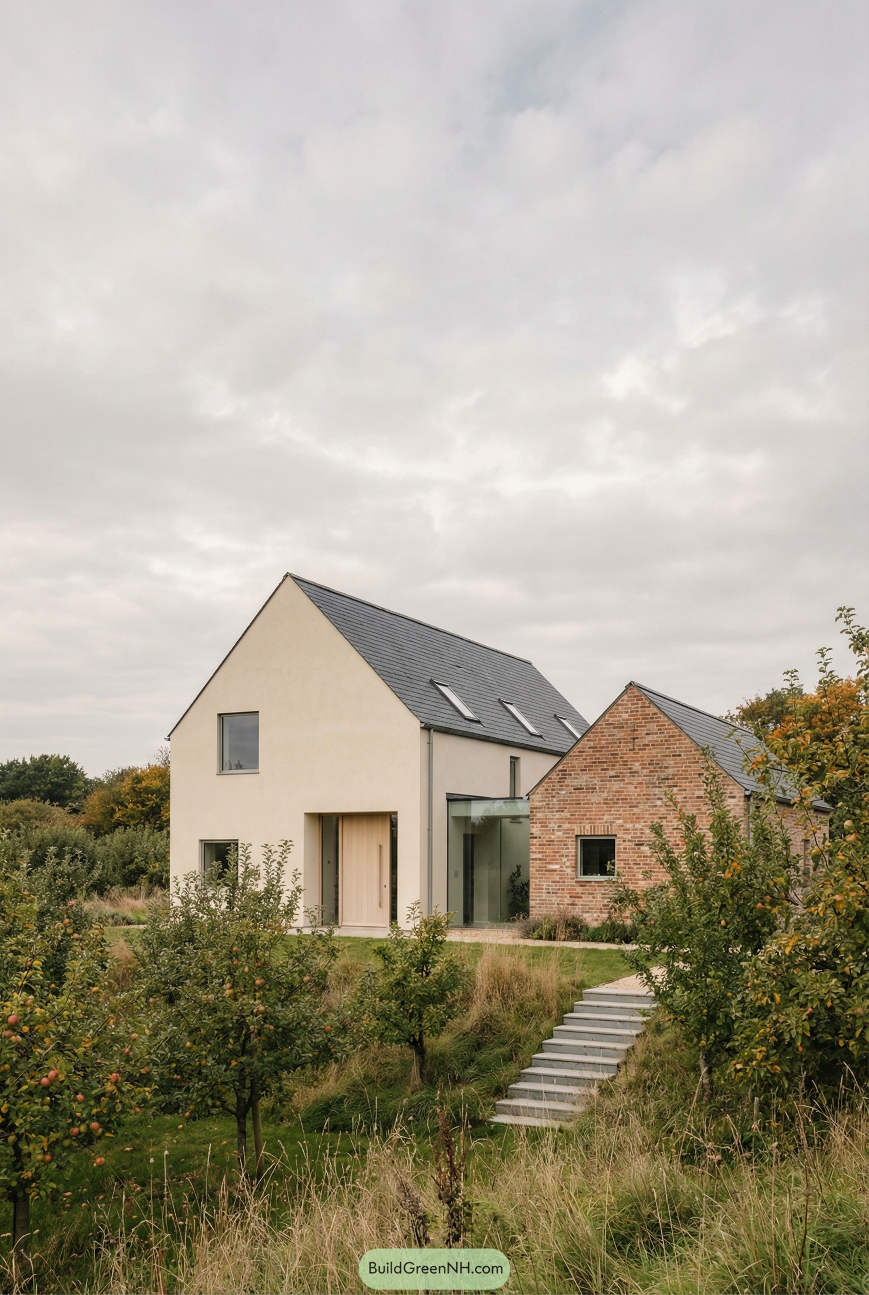 Modern gabled country house beside brick wing in an orchard landscape