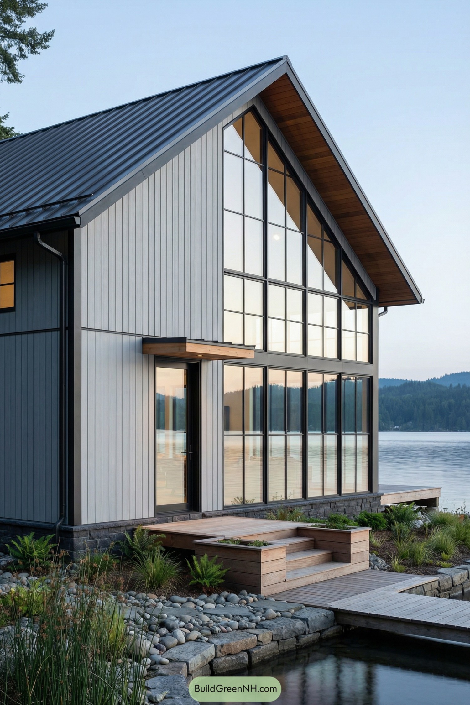 Grey barndominium with tall glass wall facing lake