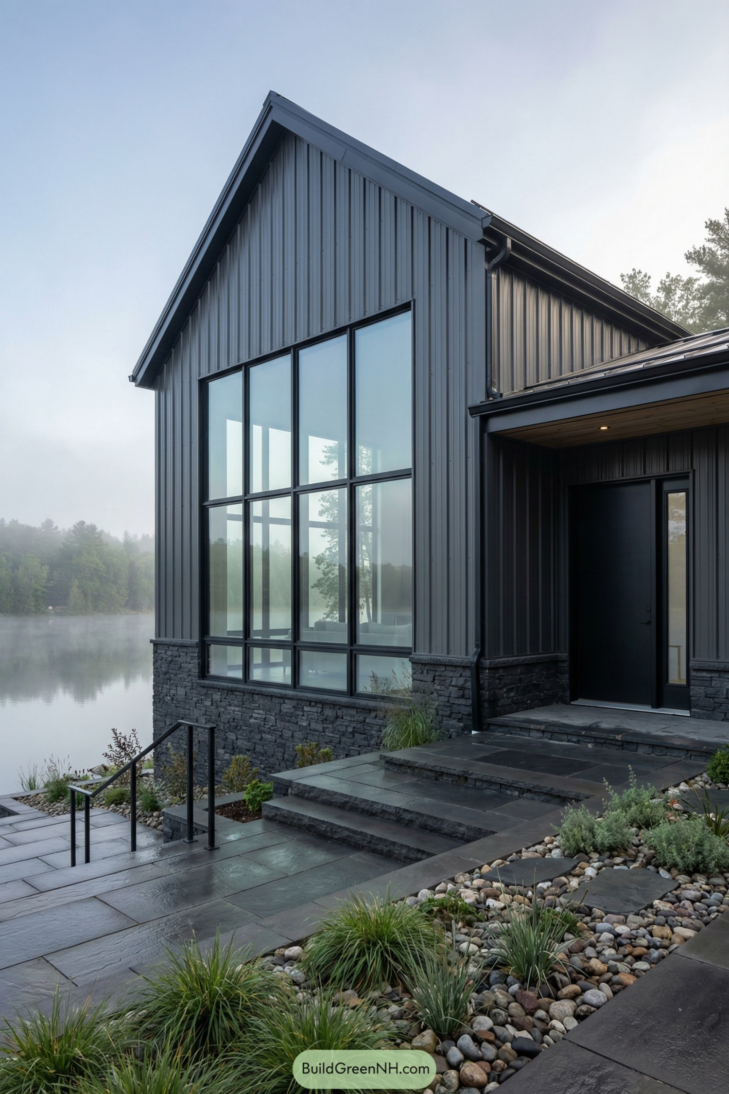 Dark metal siding wraps the tall gabled volume with full height windows overlooking a calm lakeshore. Stone base, black door, and slate walkways with minimalist railings complete the modern barndominium exterior