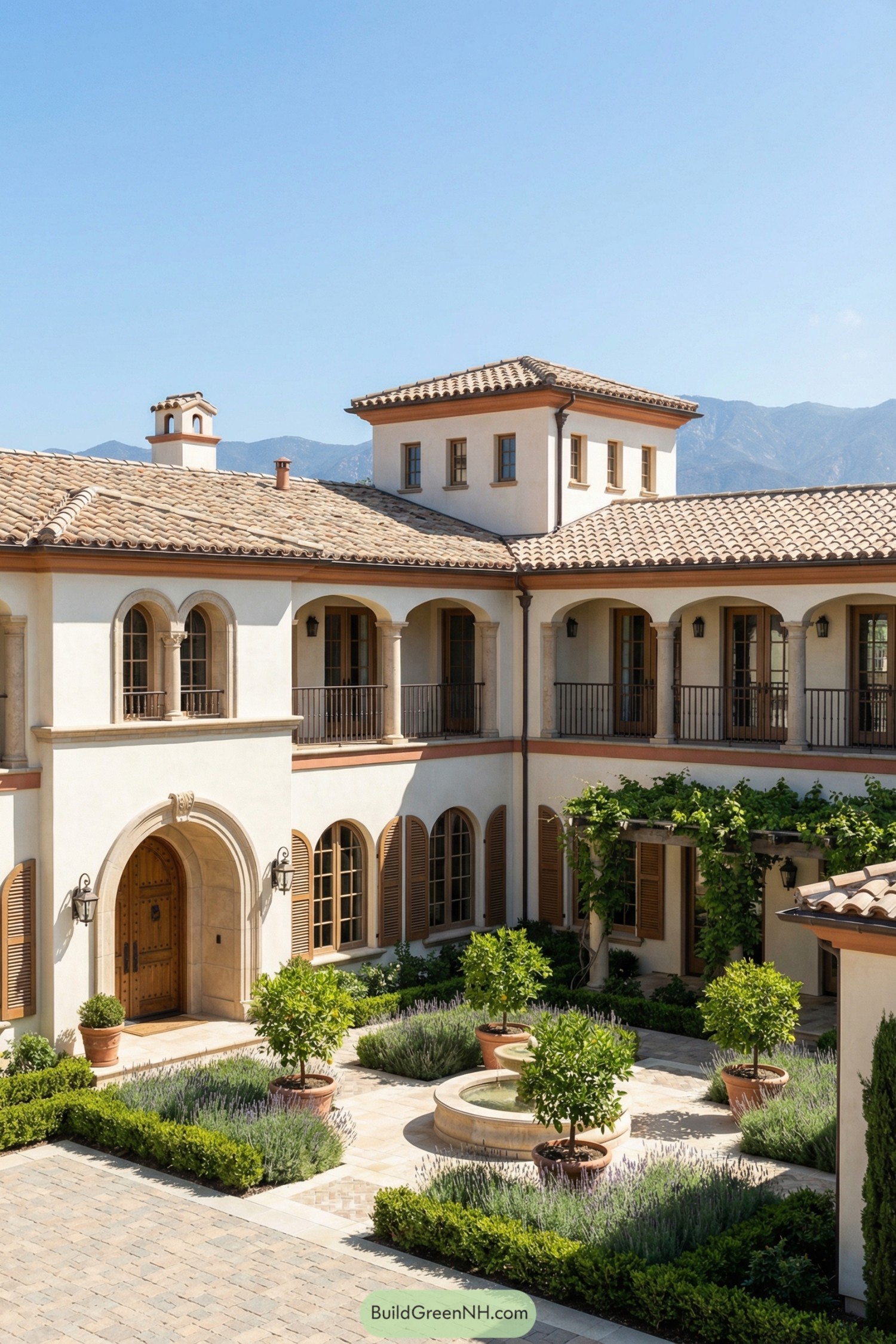 Mediterranean-style villa with central fountain courtyard and potted citrus trees