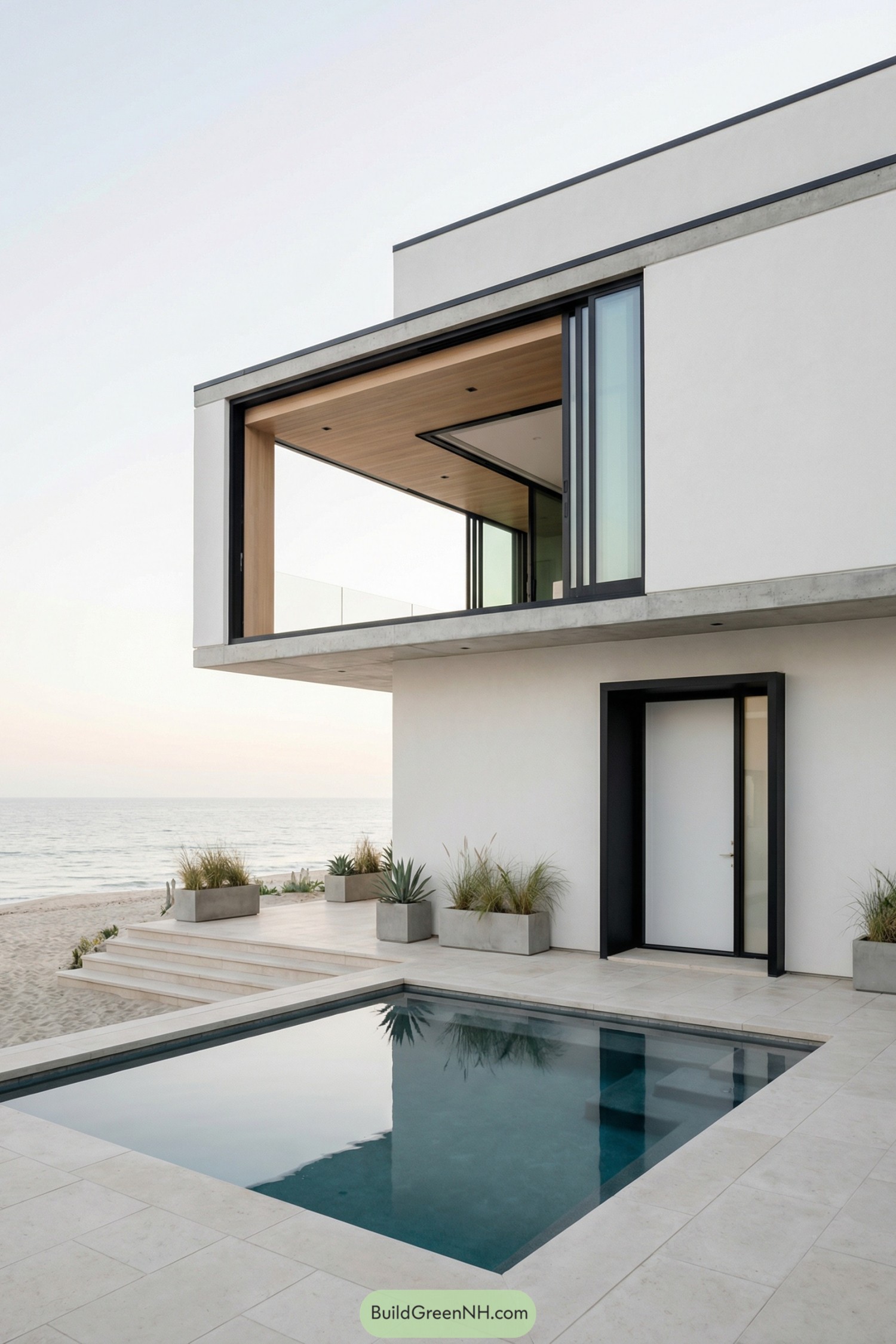 Modern white beachfront house with upper glass-walled living area, ground-level pool courtyard, and planters overlooking the ocean