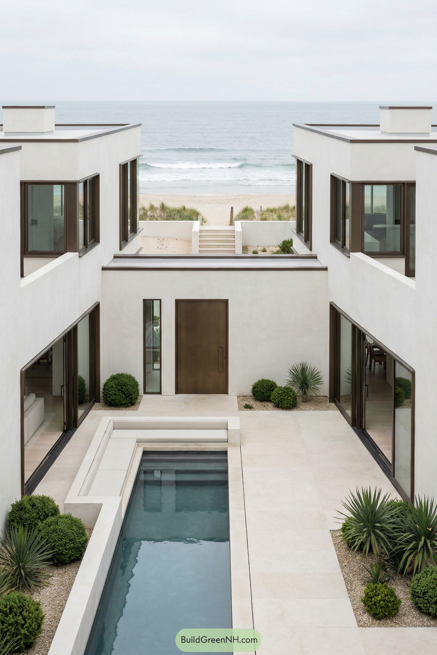 Modern beachfront courtyard home with narrow pool leading toward ocean view