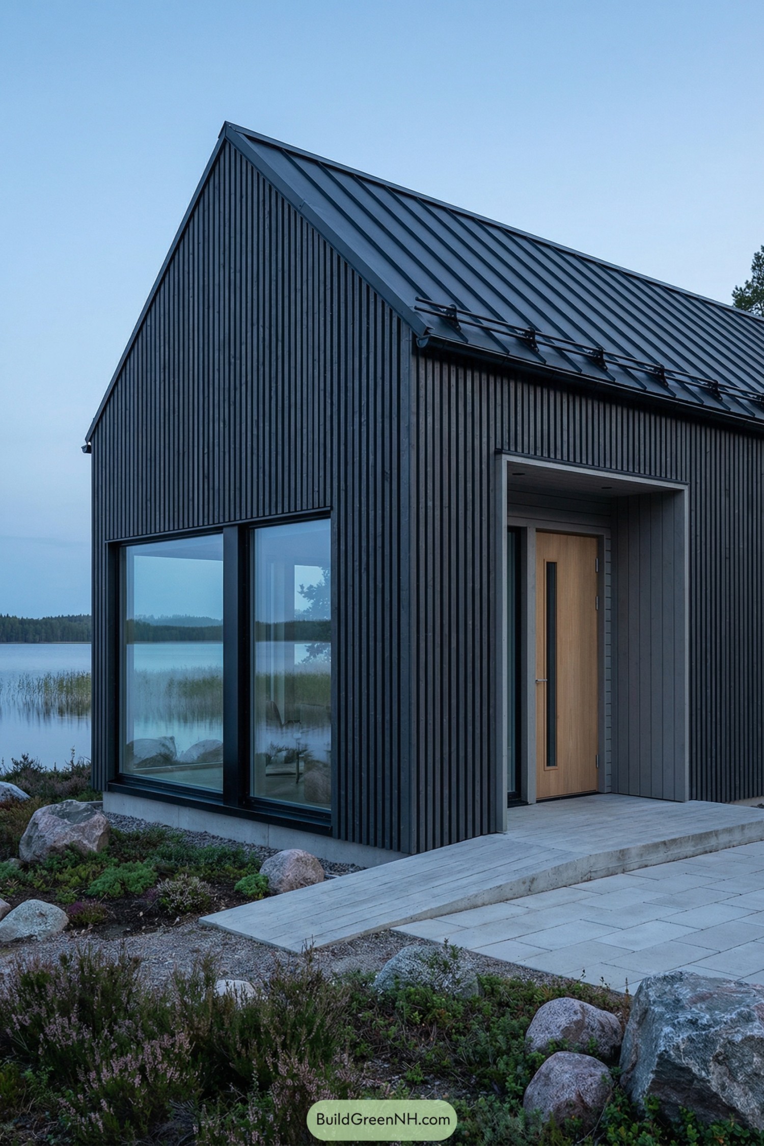 Dark vertical wood cabin with large lakeside windows and metal roof