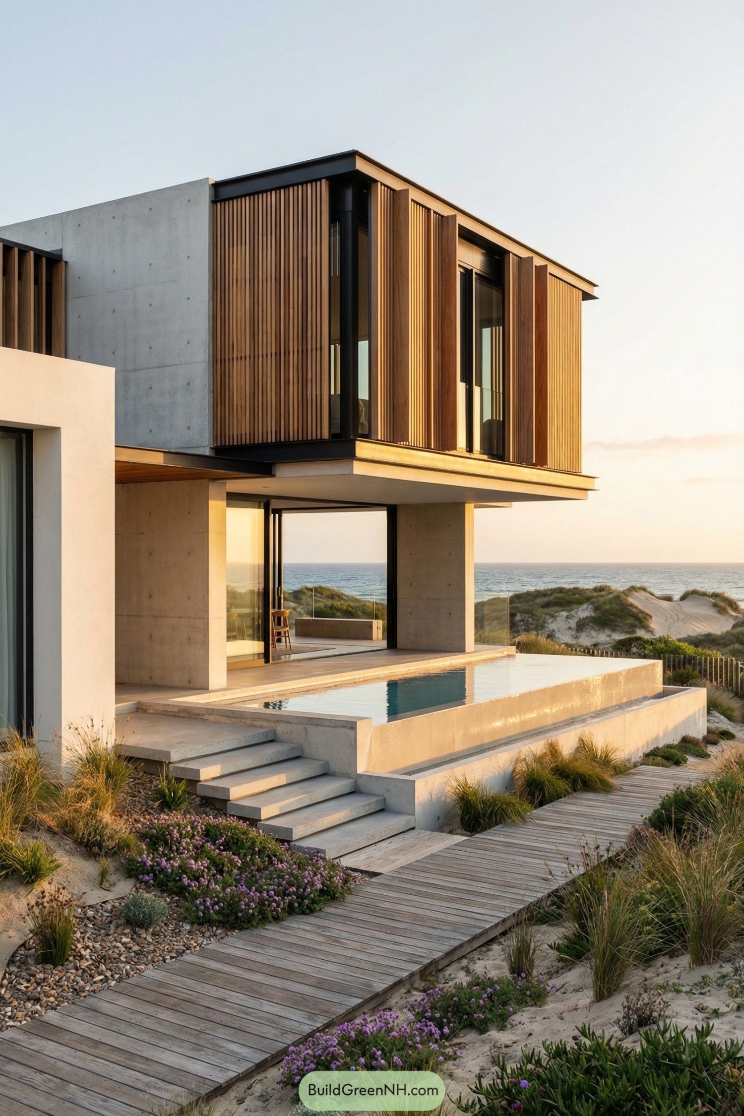Modern beachfront house with upper wood-clad volume, concrete base, and infinity pool overlooking dunes and ocean