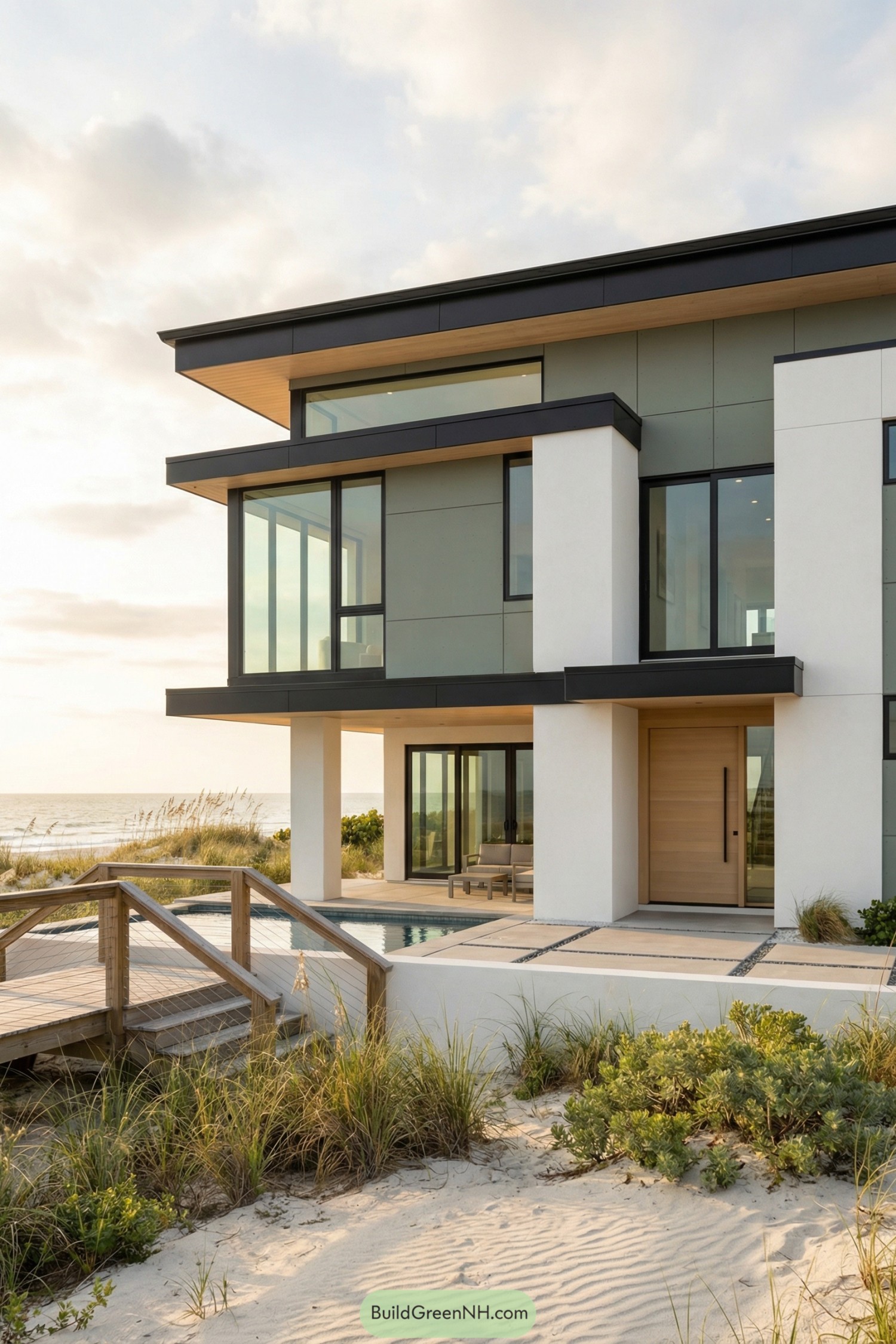 Modern beachfront house with clean lines, large glass windows, and a poolside entry deck facing the ocean