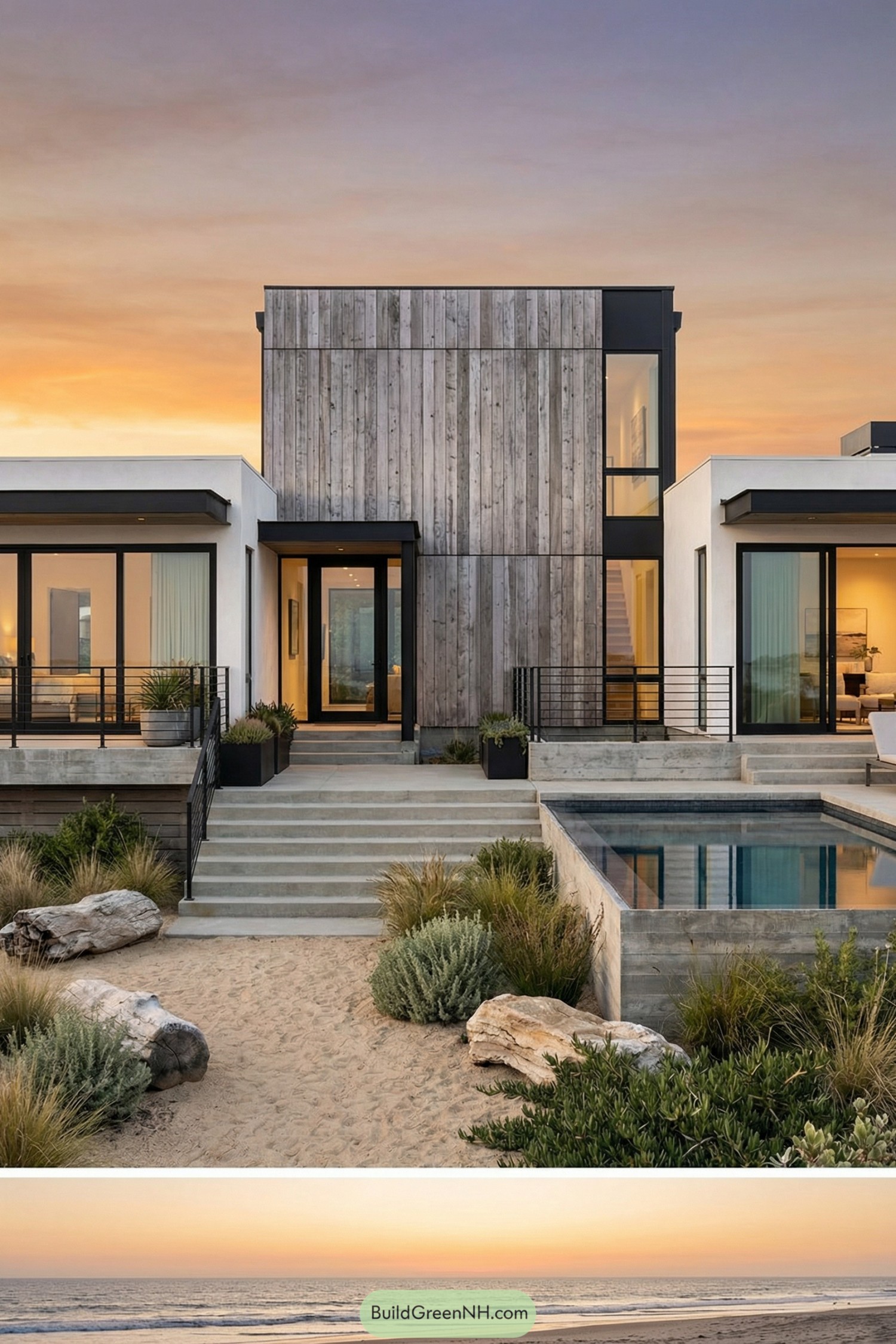 Modern beachfront house with a facade combining white stucco planes and a prominent central volume clad in weathered timber, colored in white, driftwood gray, and black accents, shaped as a two-story composition with a taller central block and lower wings, built from stucco, reclaimed timber cladding, and exposed concrete terrace slabs with black steel details, roofed with a flat roof on the wings and a slightly higher flat roof on the central volume, featuring wide sliding glass doors and tall vertical windows with black frames, entered through a recessed black-framed glass door beneath the timber-clad volume, accompanied by tiered terraces, a square-edged infinity pool, and a broad stair descending to a sandy courtyard edged with low walls, landscaped with native grasses, coastal sage, and stone mulch with driftwood-like boulders, set in a golden-hour beach setting with warm sky gradients and reflections shimmering on the pool surface. single real-life photo, high-resolution, architectural photography, soft lighting, cinematic composition, strictly no collages.