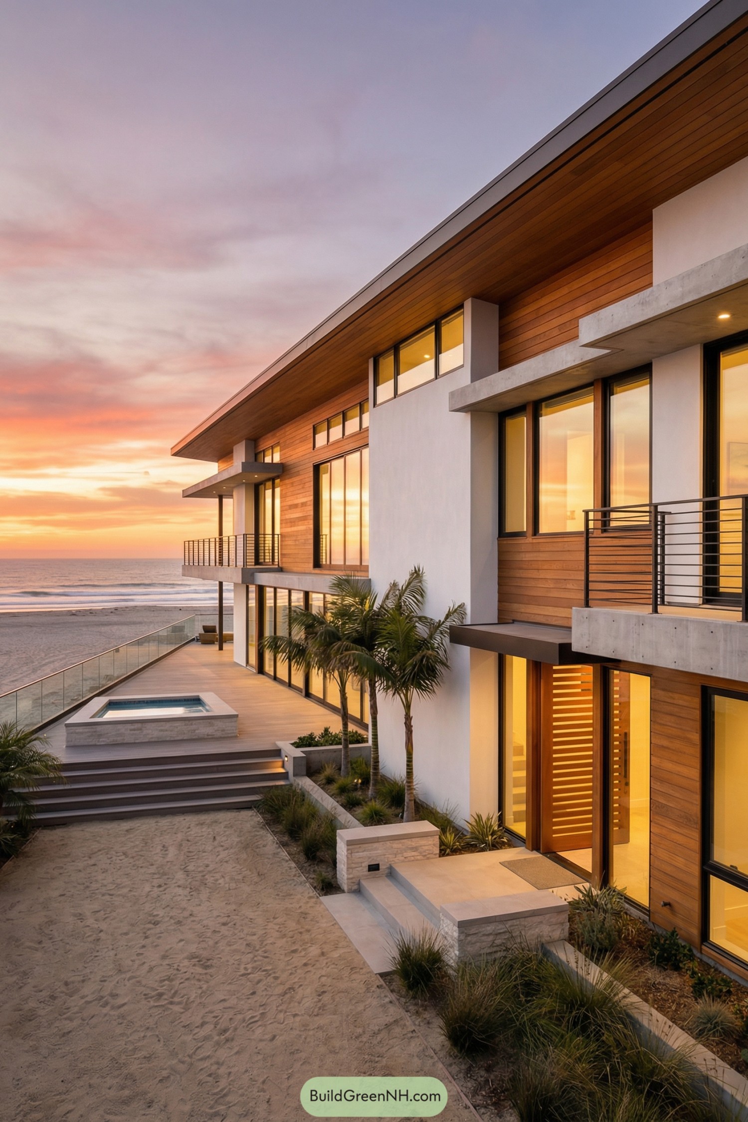 Modern beachfront house with warm wood, glass walls, and terraces overlooking the ocean at sunset