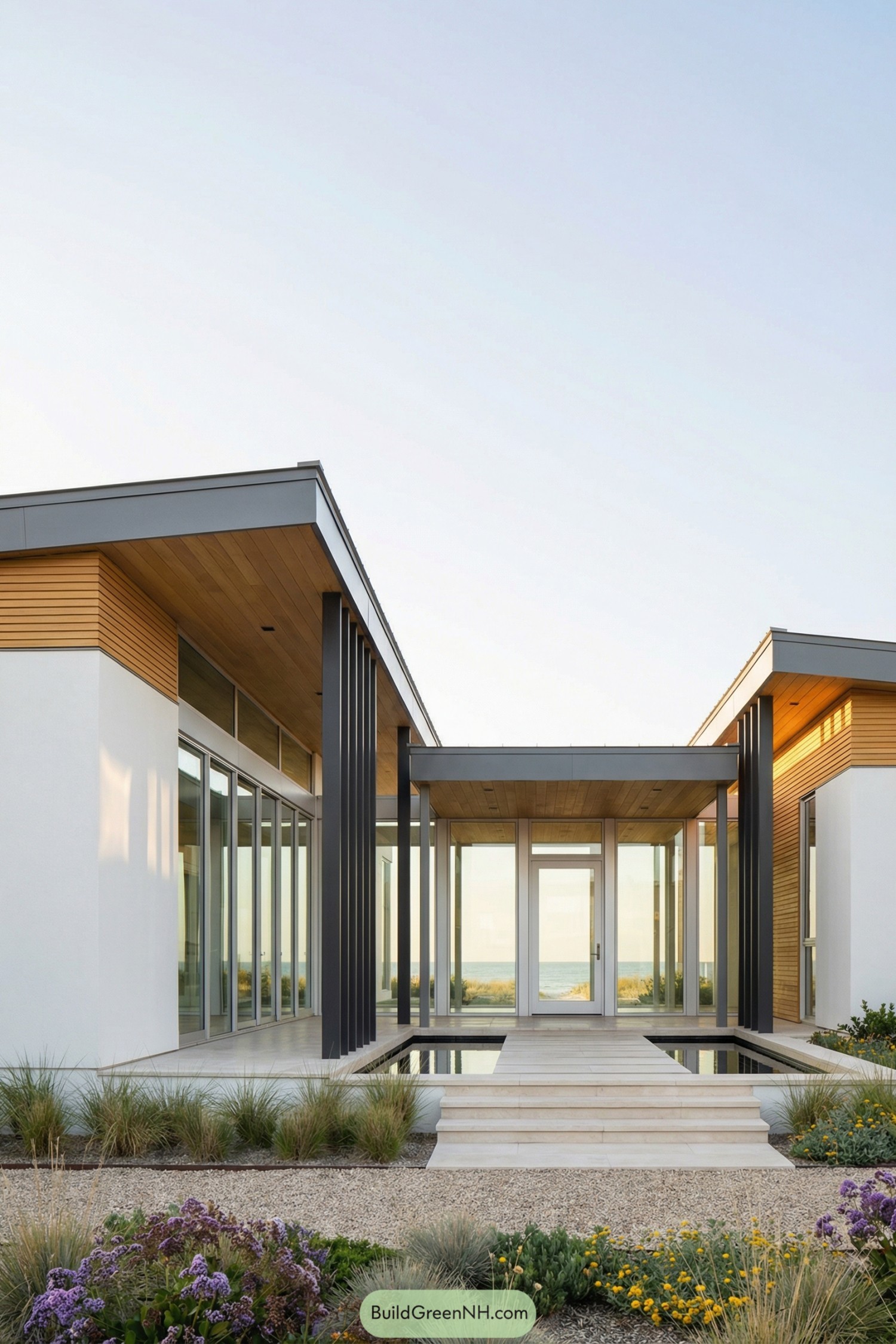 Modern beachfront house with glass-lined courtyard entry, reflecting pool, and low landscaping