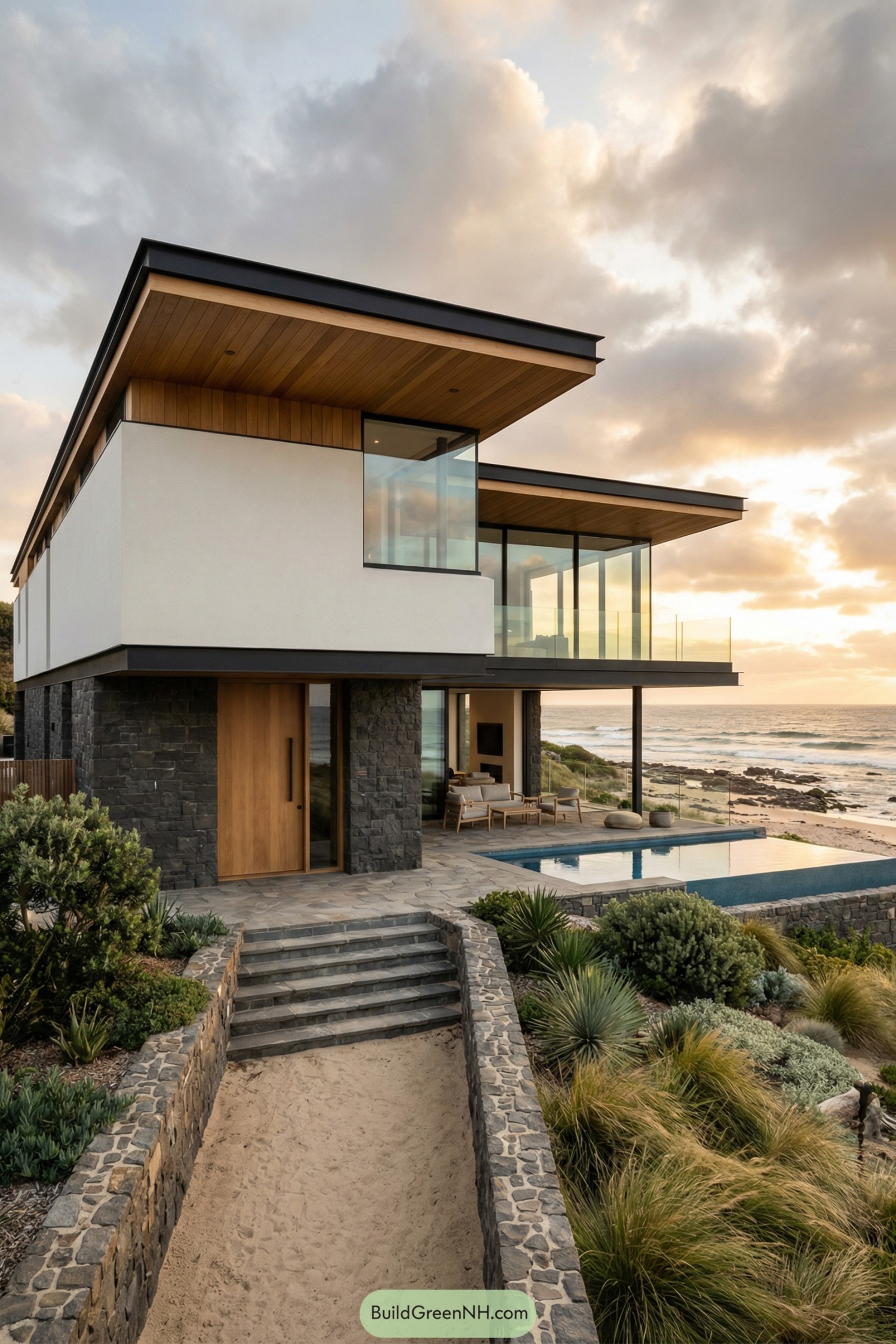 Modern two story beachfront house with stone base large glass walls and pool overlooking the ocean