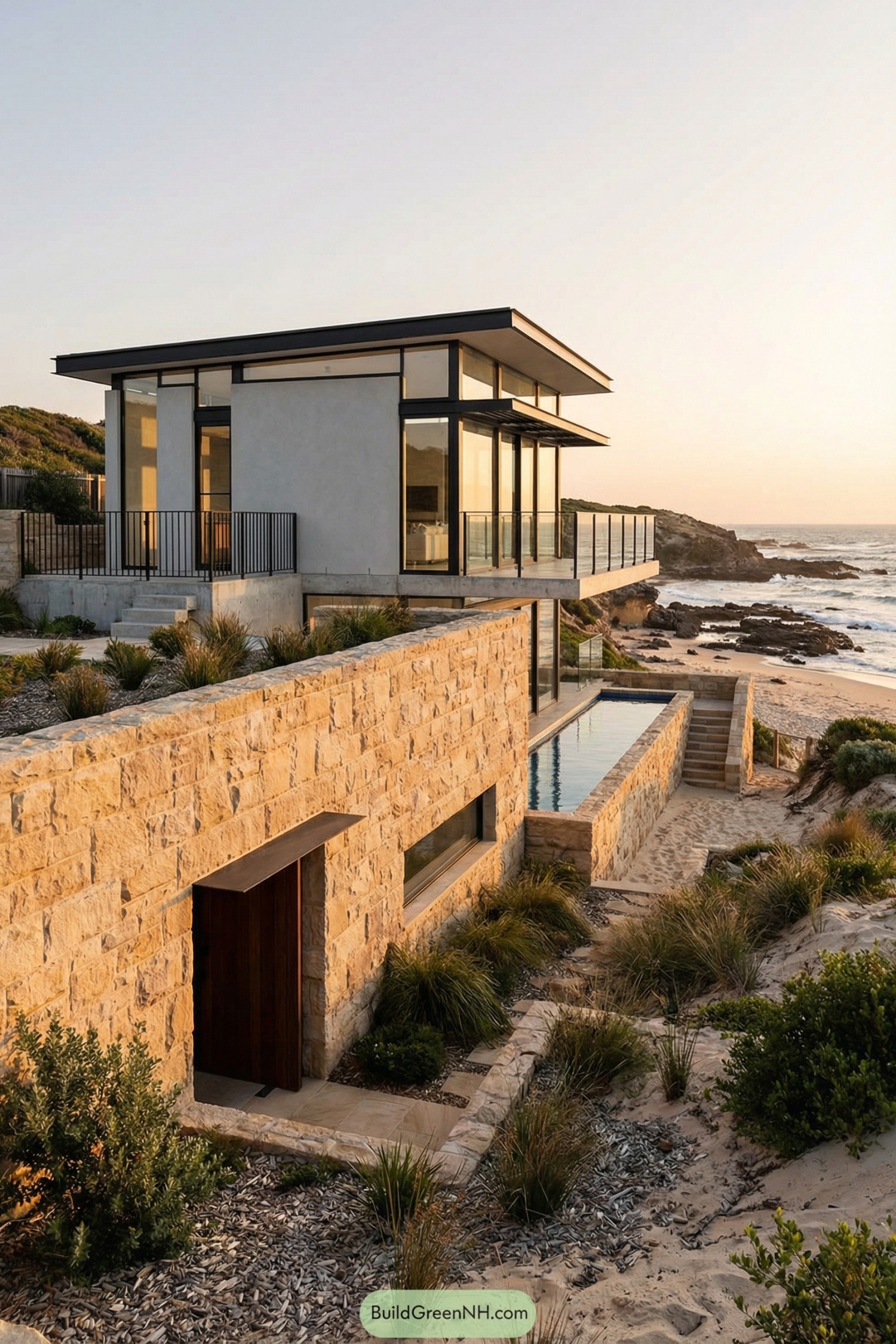 Modern beachfront house with stone base level infinity pool and glass-walled upper pavilion at sunset