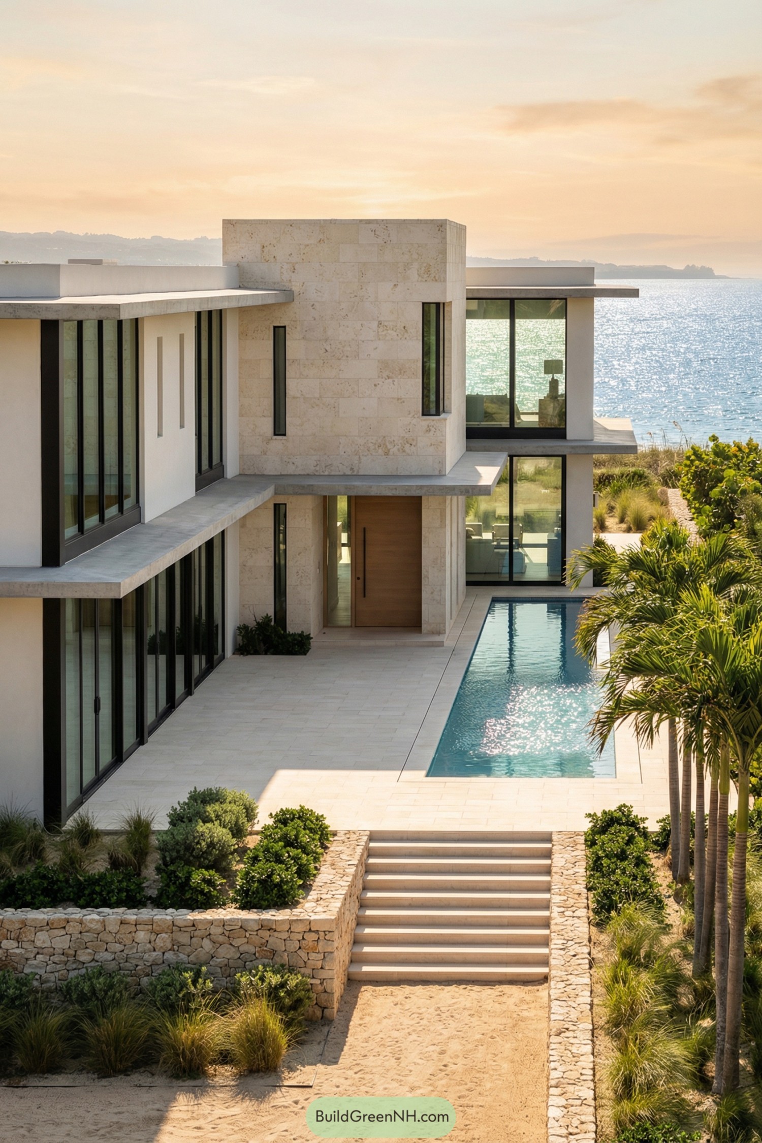 Modern beachfront house with stone tower volume, slim pool courtyard, and large glass walls facing the ocean