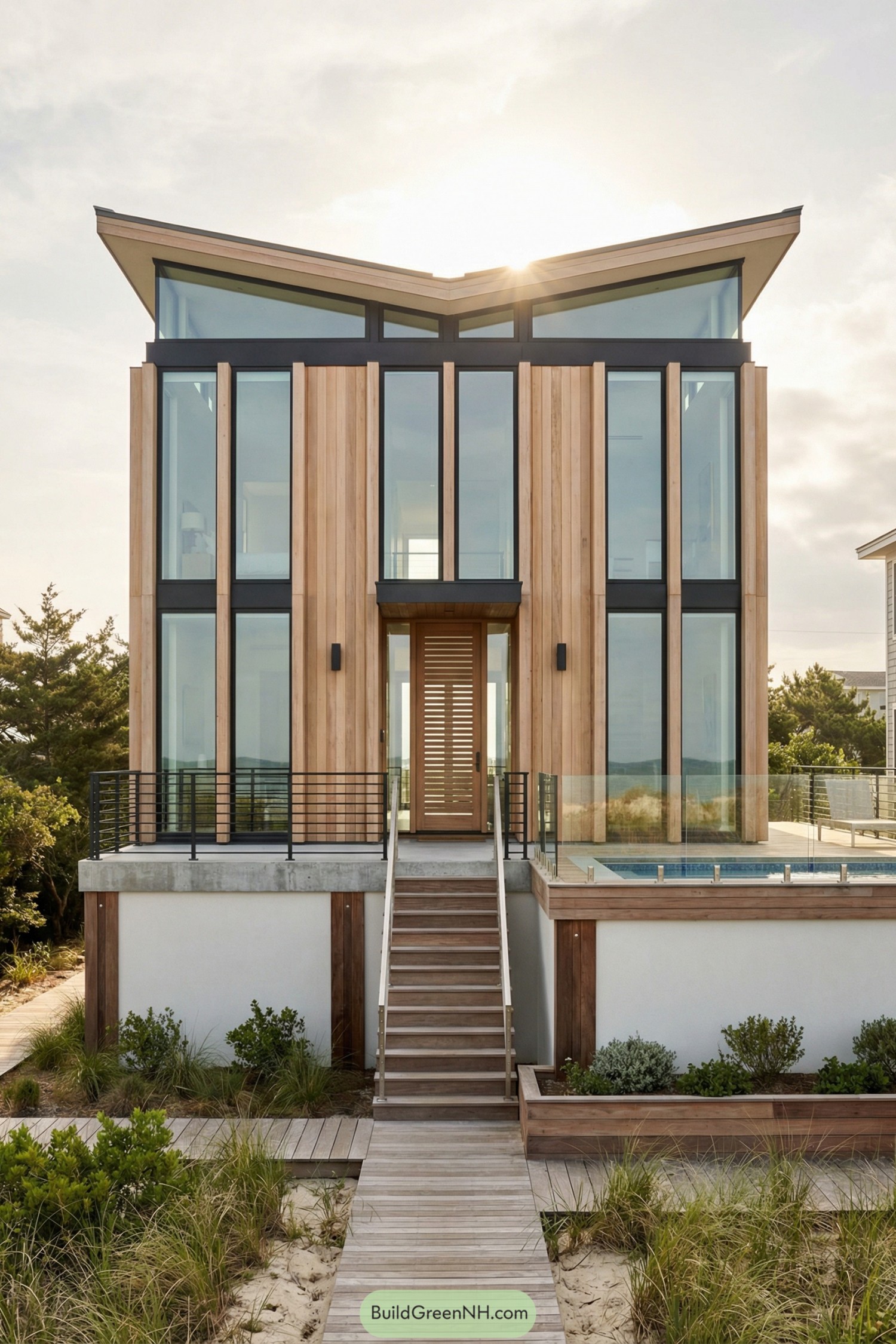 Modern beach house with tall glass facade and wood cladding at the end of a dune boardwalk