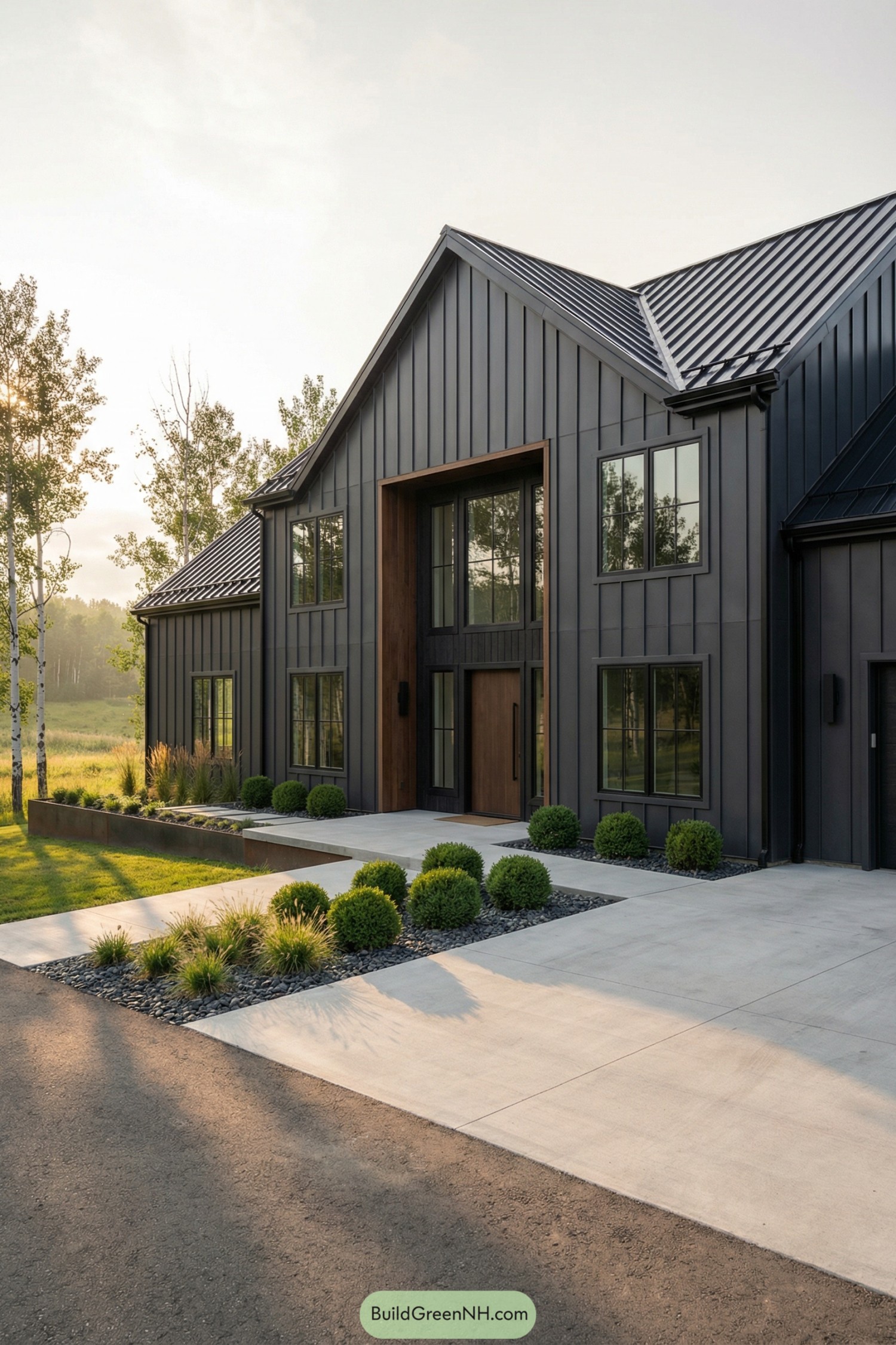 Dark metal barndominium with tall entry and simple landscaping