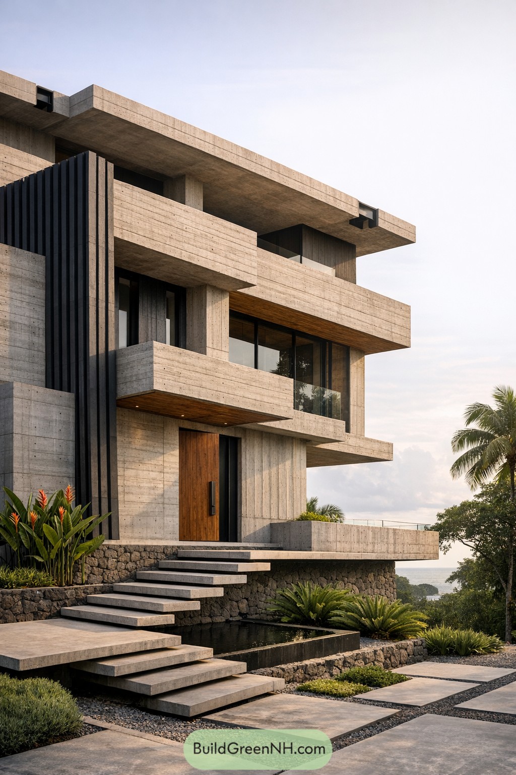 Modern concrete tropical house with layered terraces and floating steps