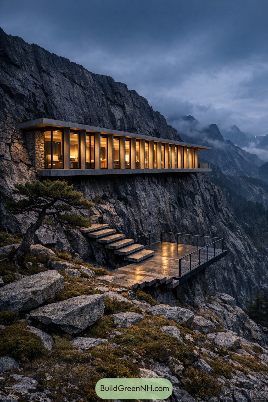 Long glassy mountain house anchored to sheer cliff with floating terrace and steps