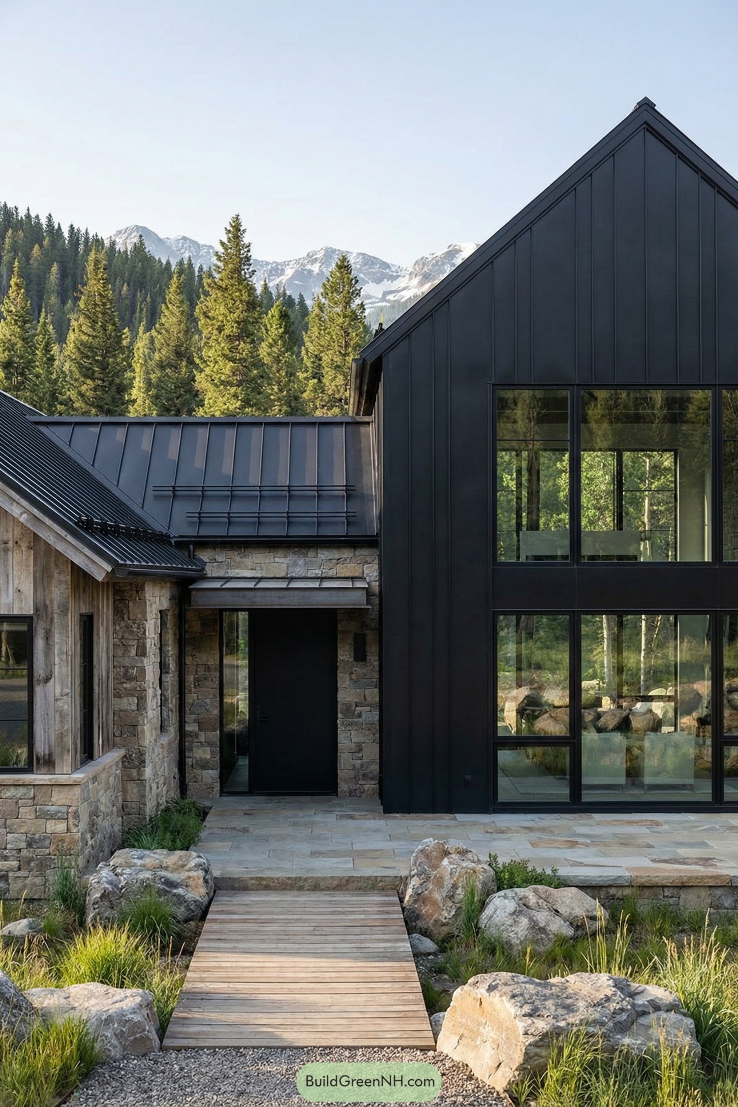 Dark modern barndominium with stone accents in a forested mountain setting