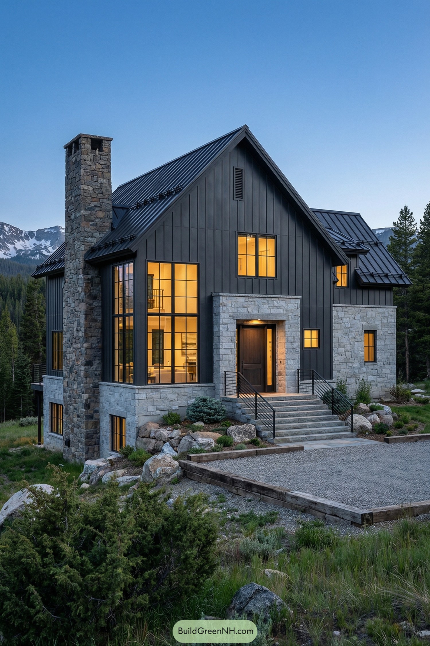 Dark grey barndominium with stone accents