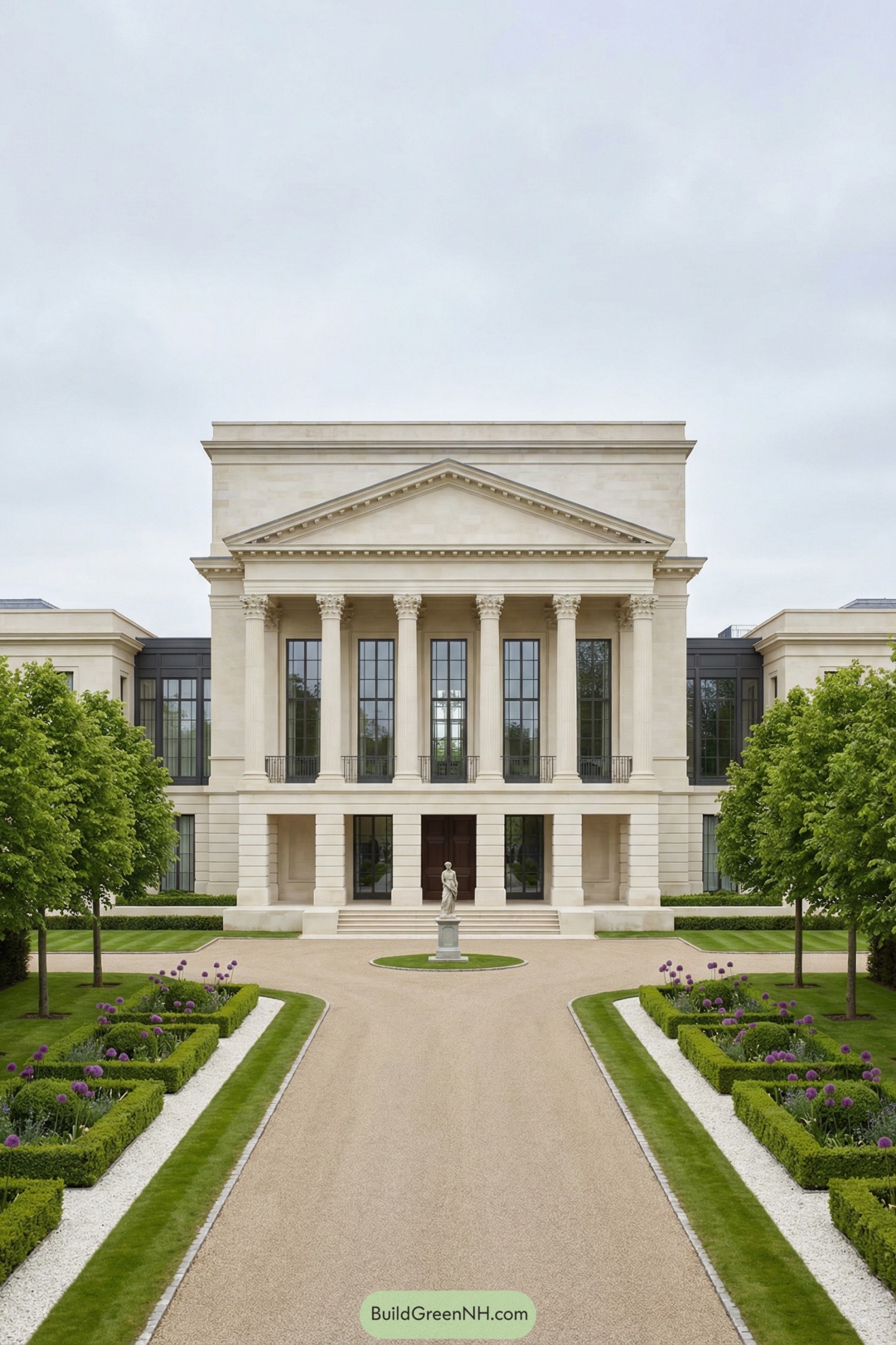 Grand neoclassical mansion with columned façade and formal front garden