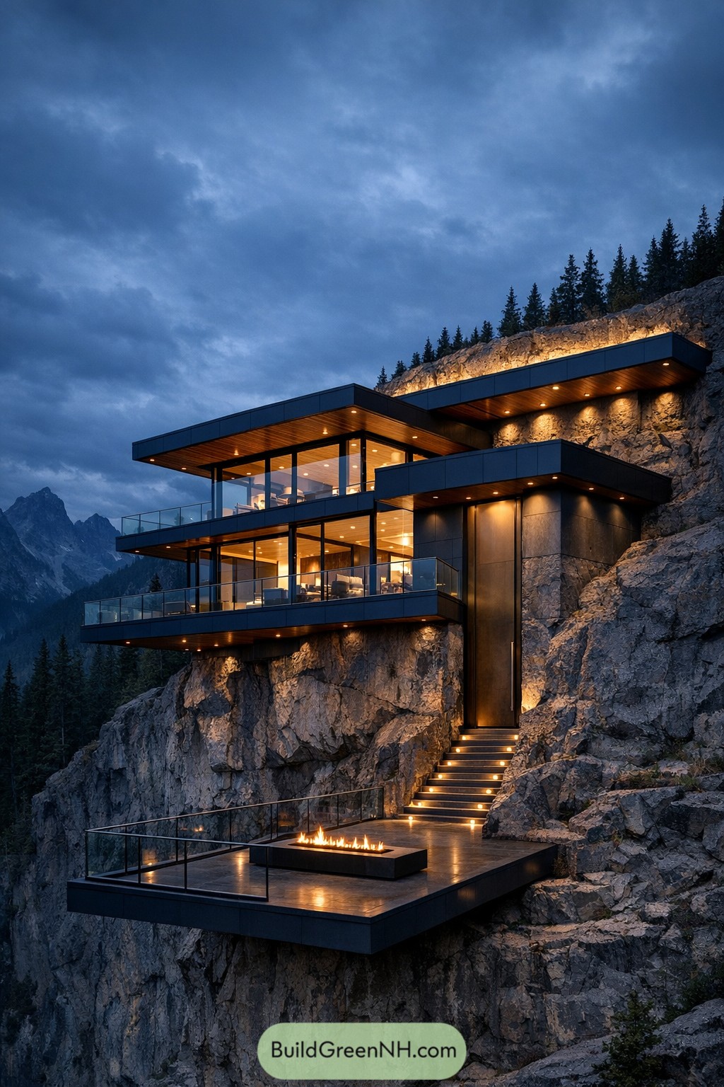 Modern glass house cantilevered over rocky cliff with stacked terraces and a glowing fire pit at dusk