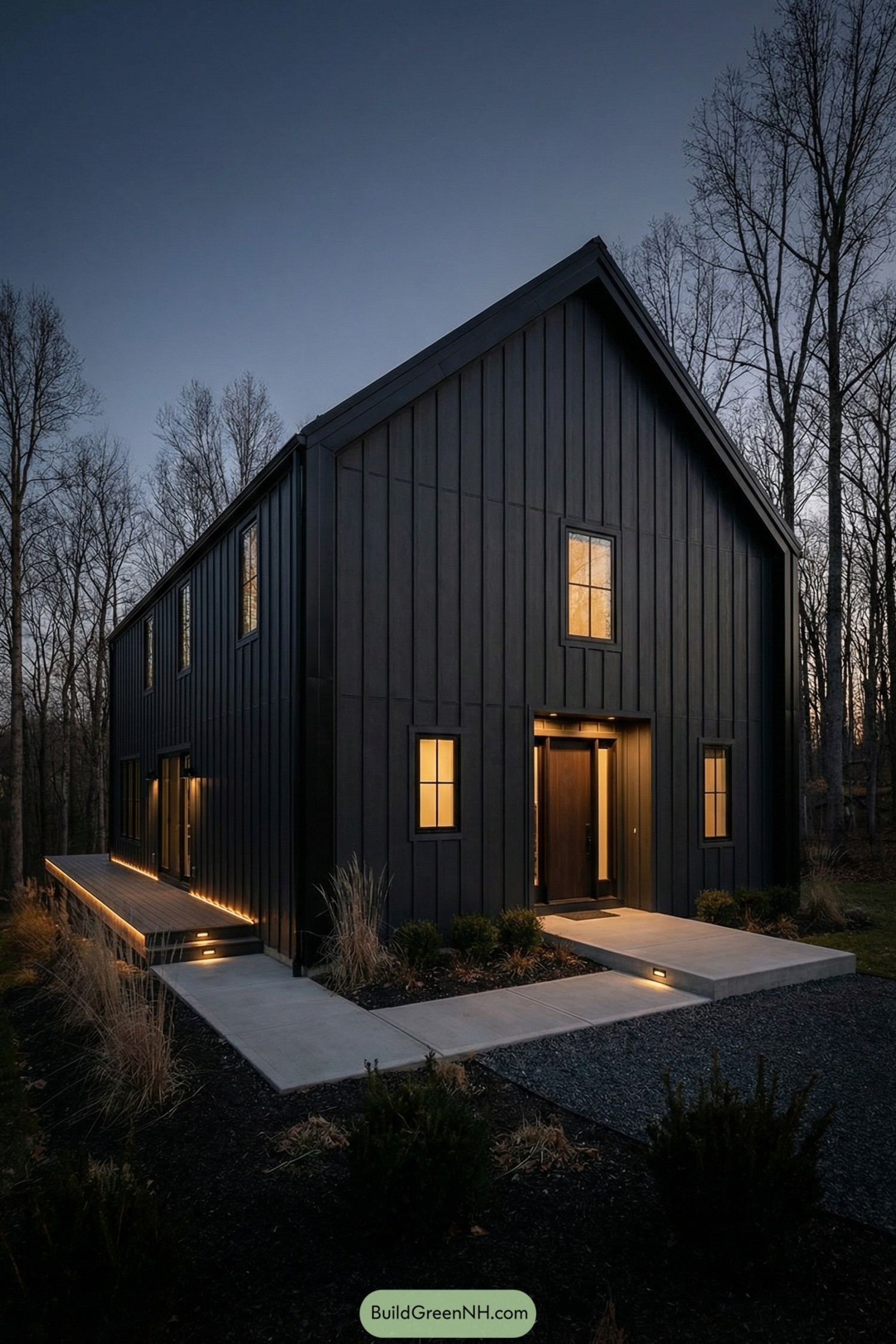 Dark modern barndominium with black vertical siding, warm windows, and low exterior lighting along the entry walk