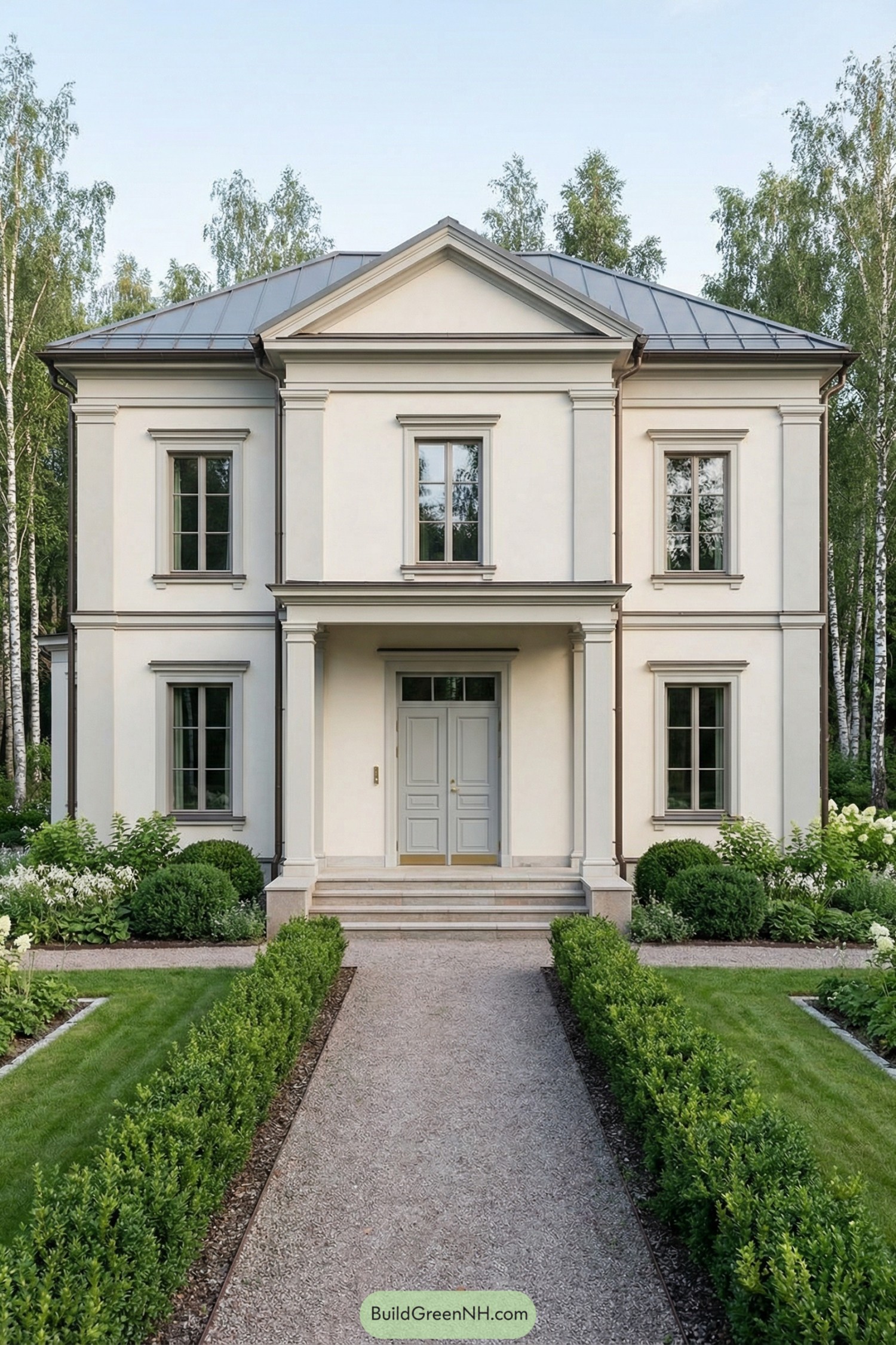 Elegant cream villa with symmetrical facade and clipped garden walkway