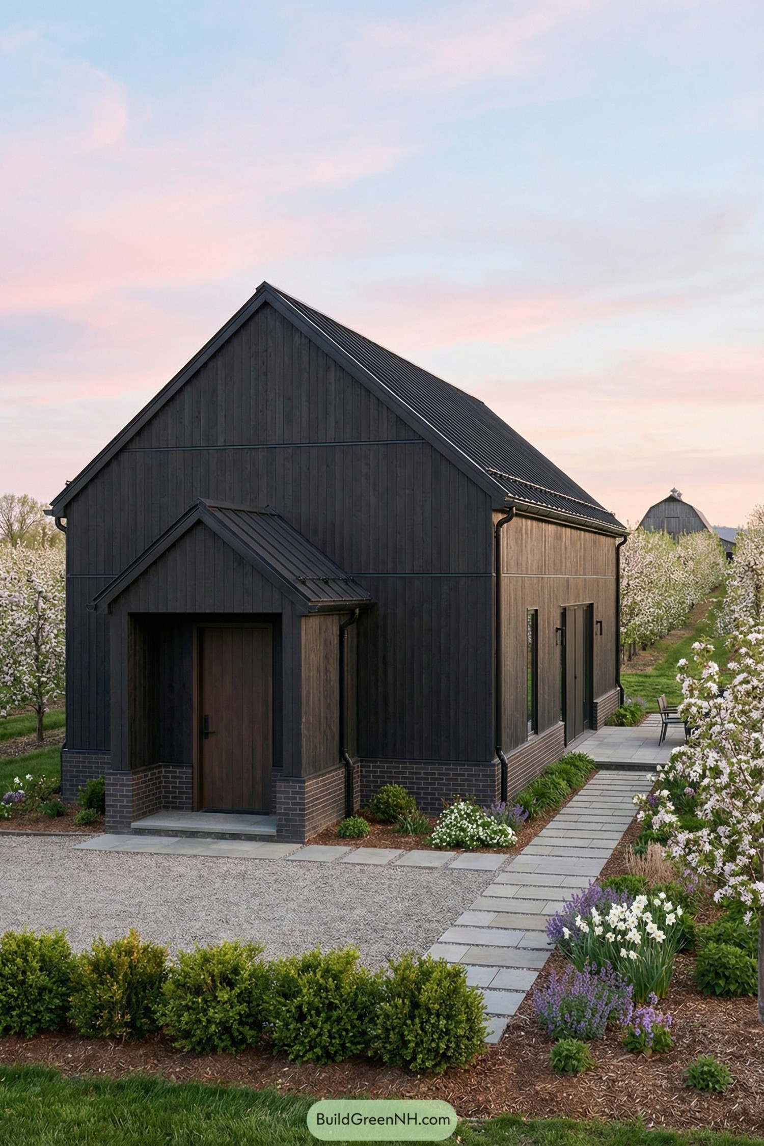 Dark wood barndominium beside blooming orchard