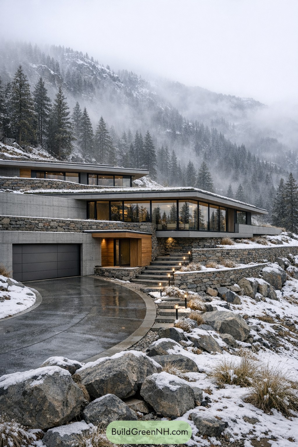 Overcast winter exterior with the full modern house carved into a snow-laden mountainside, low horizontal lines emphasized by layered terraces that follow the contour; facade combines light gray board-formed concrete and stacked local stone retaining walls, with warm larch cladding inset around the entry; flat green roof lightly dusted with snow and edged by a slim parapet; floor-to-ceiling glazing spans the living level, double-height window bay capturing the forest; a heated concrete driveway curves up to an integrated garage door in flush metal panels, while minimalist path lights punctuate a stone stair to a sheltered porch; foreground shows frosted boulders and tufted alpine grasses, background reveals fog drifting through tall pines and looming ridgelines, single real-life photo, high-resolution, full-frame, 28mm, f/8, ISO 100, ultra high detail, editorial architecture photography, cinematic composition, no people, no animals, no text, soft lighting, strictly no collages.