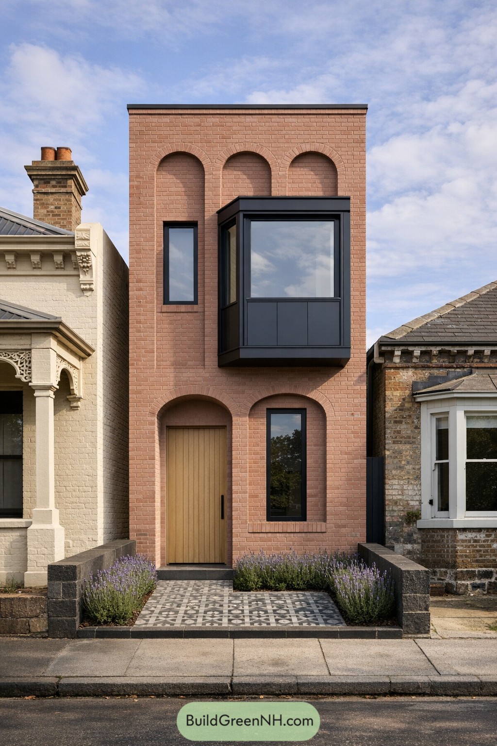 Narrow brick townhouse with arched facade and black box bay window