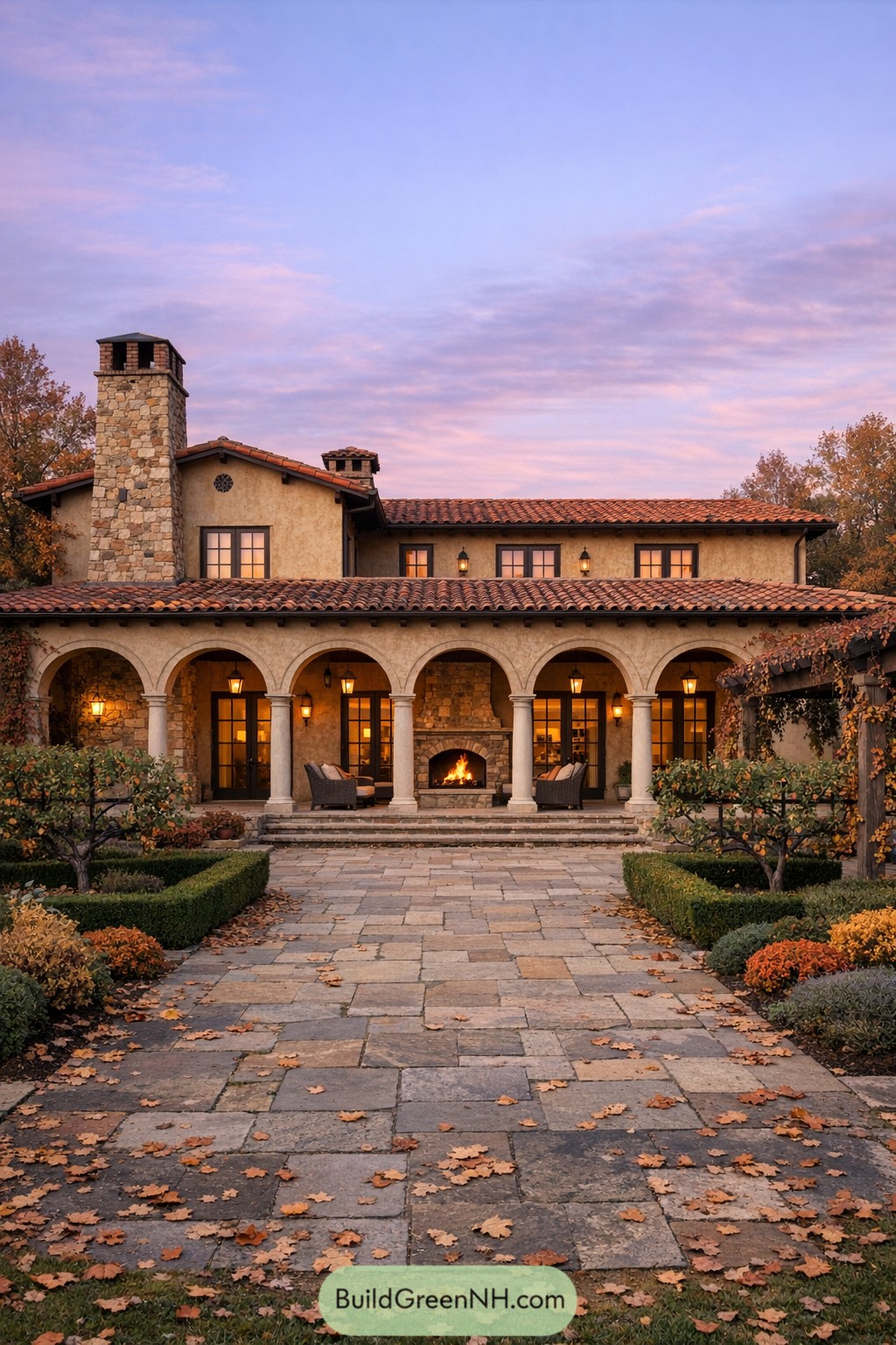 Warm Tuscan villa with arched veranda and glowing outdoor fireplace at dusk