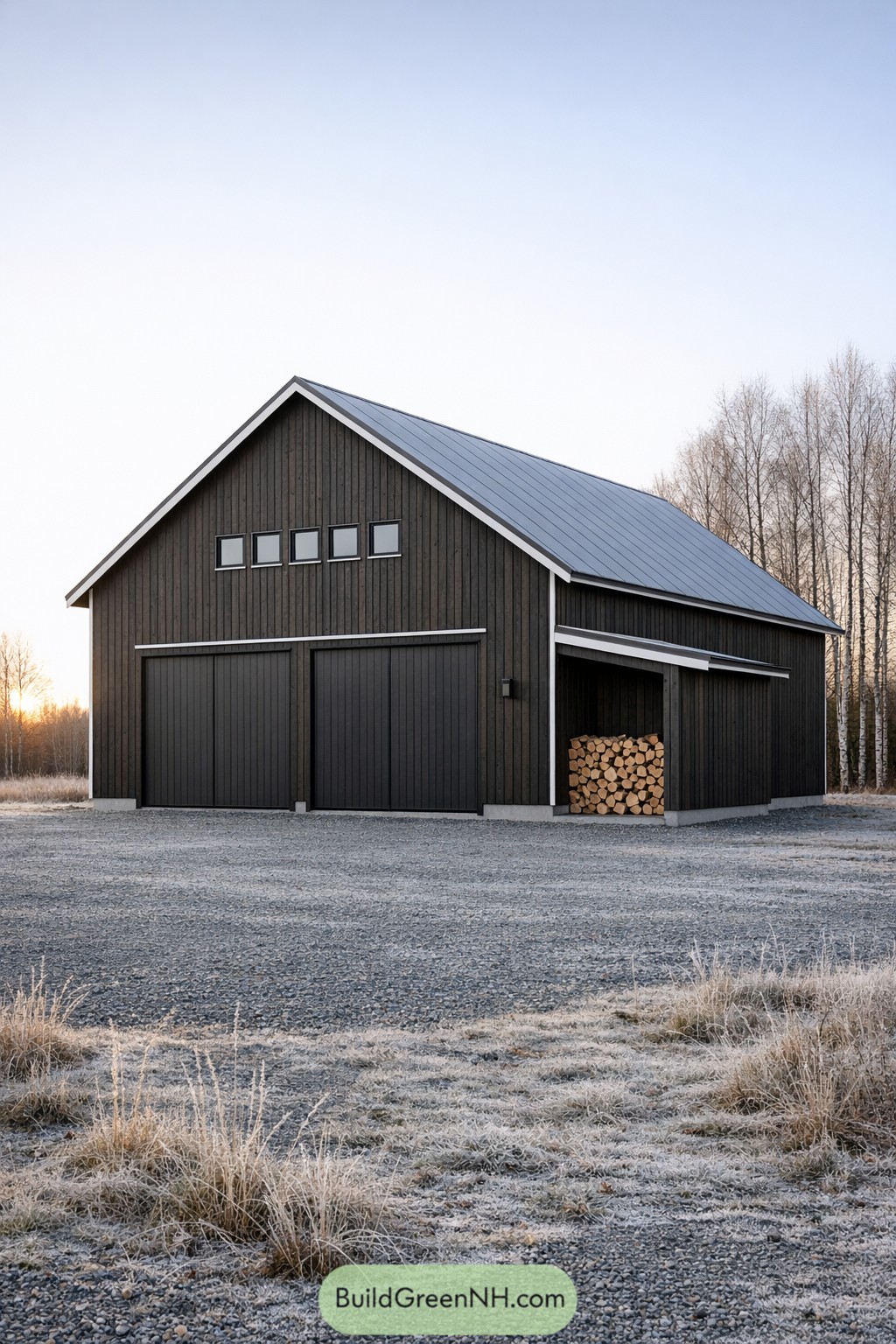 Dark modern barn style garage with metal roof and stacked firewood